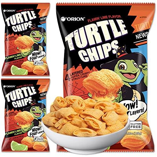 K-Munchies K-Munchies Orion Turtle Chips – Large 3 x 160-gram Flamin' Lime Flavor Korean Chips – Big Bag, Party Size Tasty, Crispy Korean Corn Snacks - Bite-Sized, On-The-Go Korean Corn Snack for Family