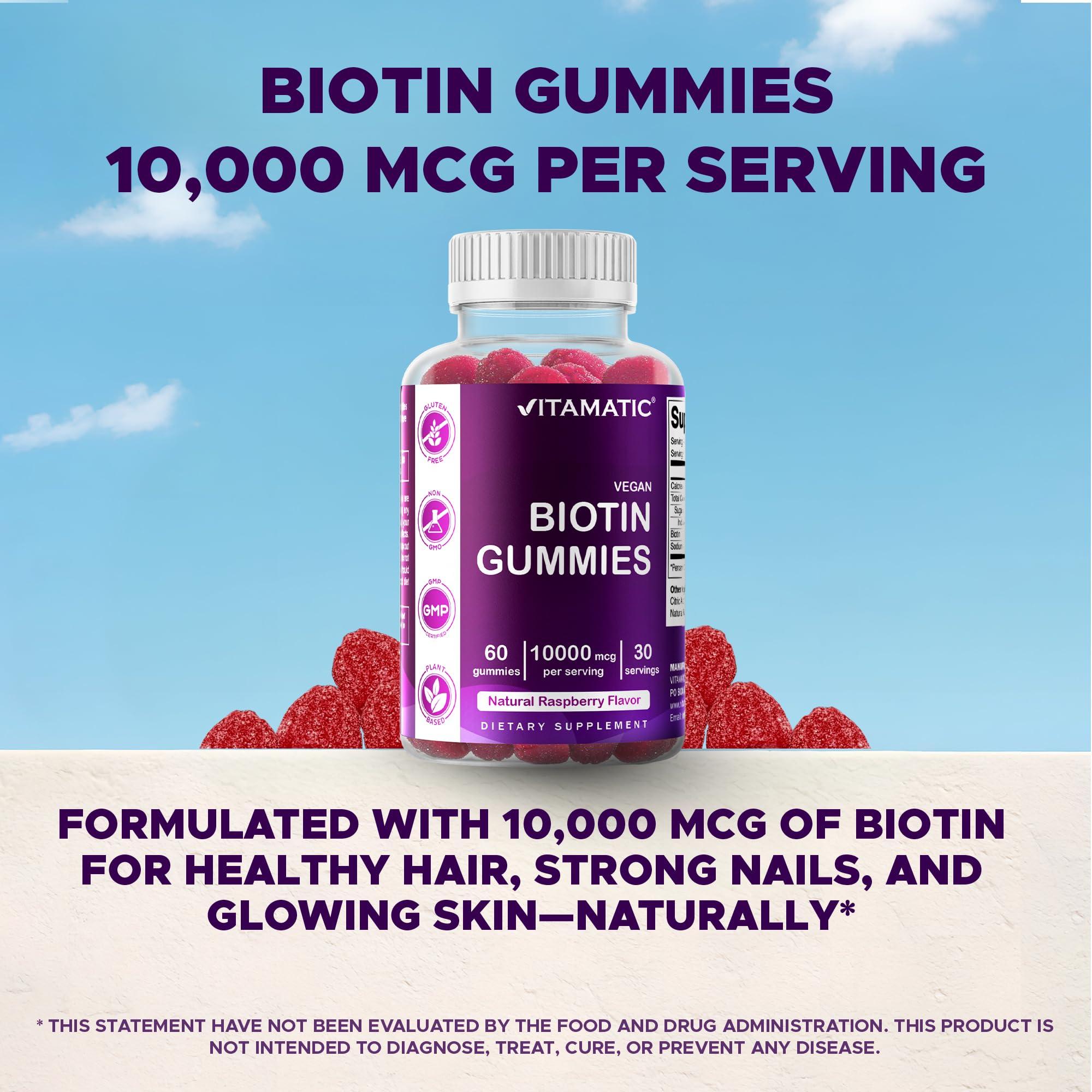 Vitamatic Vitamatic Biotin Gummies 10,000 mcg for Stronger Hair, Skin & Nails - 60 Vegan Gummies - Also Called Vitamin B7 (6 Bottles)