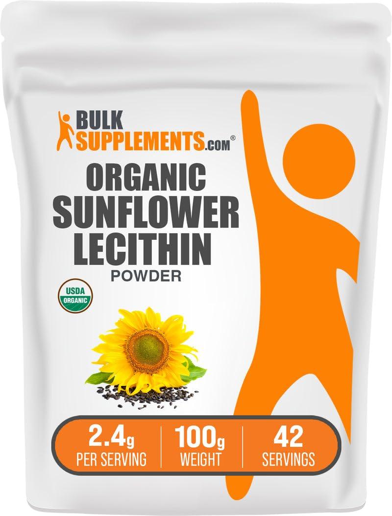 BULKSUPPLEMENTS.COM BulkSupplements.com Organic Sunflower Lecithin Powder - Sunflower Lecithin Supplement, Lecithin Powder Food Grade - Vegan & Gluten Free, 2400mg per Serving, 100g (3.5 oz) (Pack of 1)