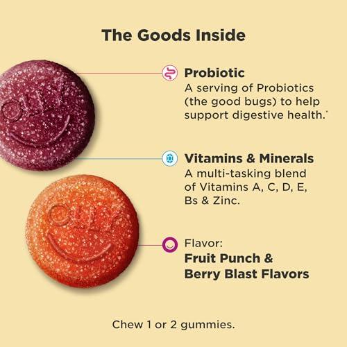 OLLY OLLY Kids Multivitamin & Probiotic Gummy, Digestive Support, Vitamins A, D, C, E, B, Zinc, Chewable Supplement, Berry Flavor, 60 day supply - 120 Count