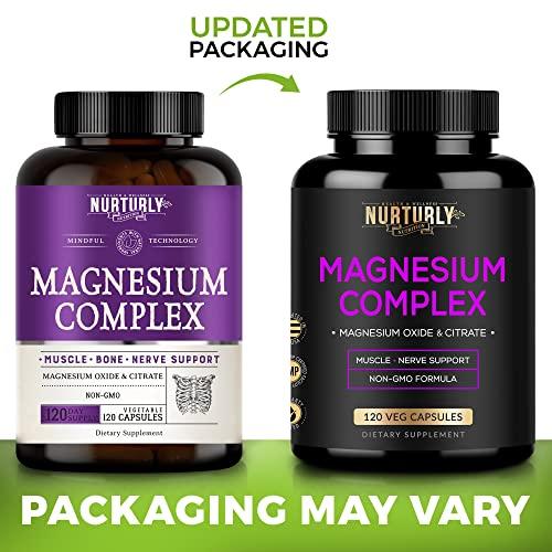 NURTURLY Magnesium Citrate & Oxide 500mg Complex Supplement - High Absorption Maximum Strength - Helps Support Bone Density and Strength, Muscles, Energy and Sleep - 360 Vegan Capsules