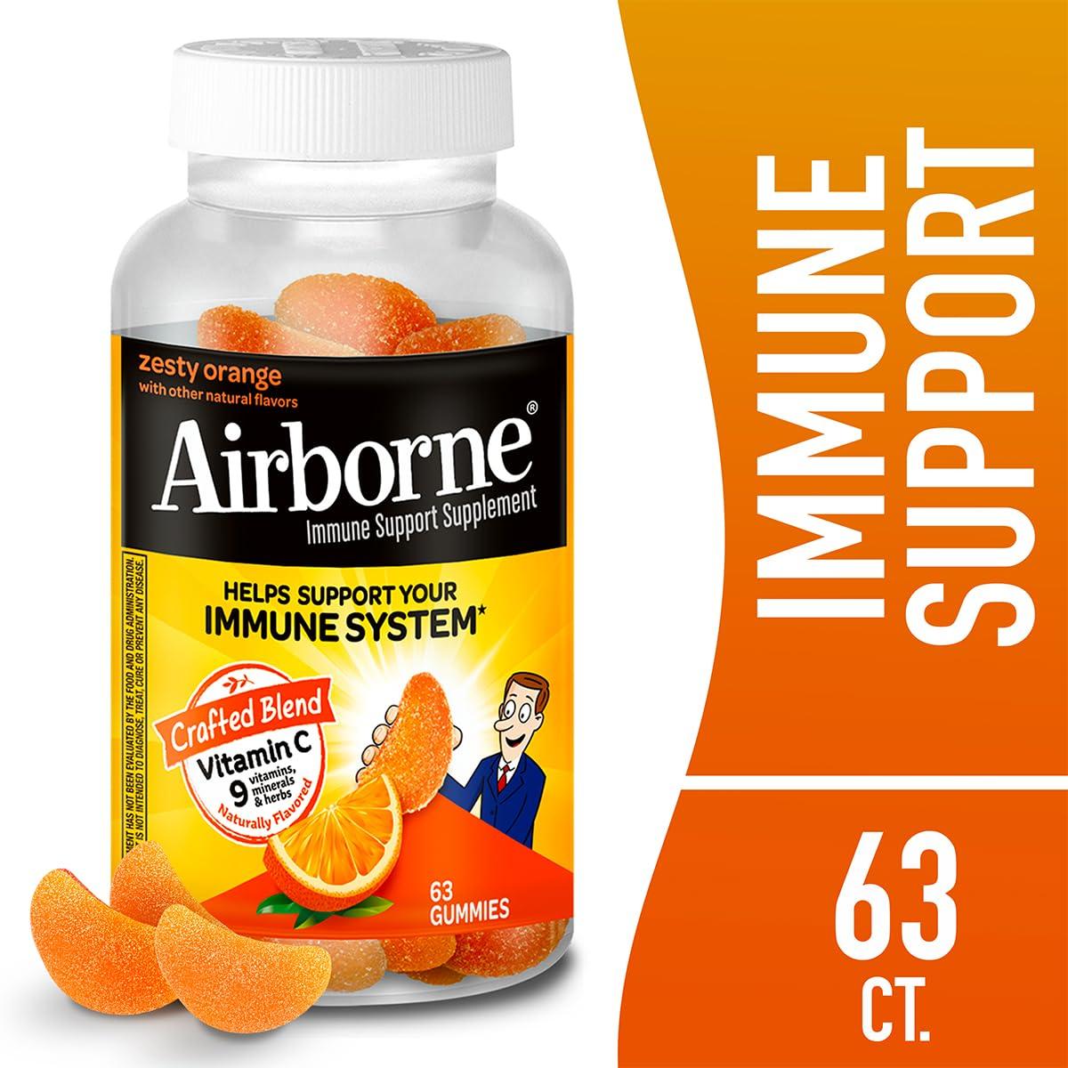 Airborne Airborne 750mg Vitamin C Immune Support Supplement Gummies for Adults, Zesty Orange Flavor, Gluten Free Crafted Blend with Powerful Antioxidants Vitamins A C & E, 63 Gummies (4 Pack)