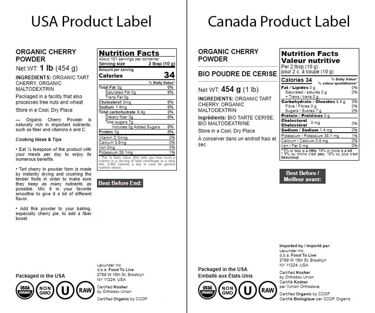 Food to Live Food to Live Organic Tart Cherry Powder, 1 Pounds Non-GMO, Raw, Kosher, Vegan Superfood, Bulk, Rich in Antioxidants, Great for Juices, Drinks, and Smoothies, Contains Maltodextrin