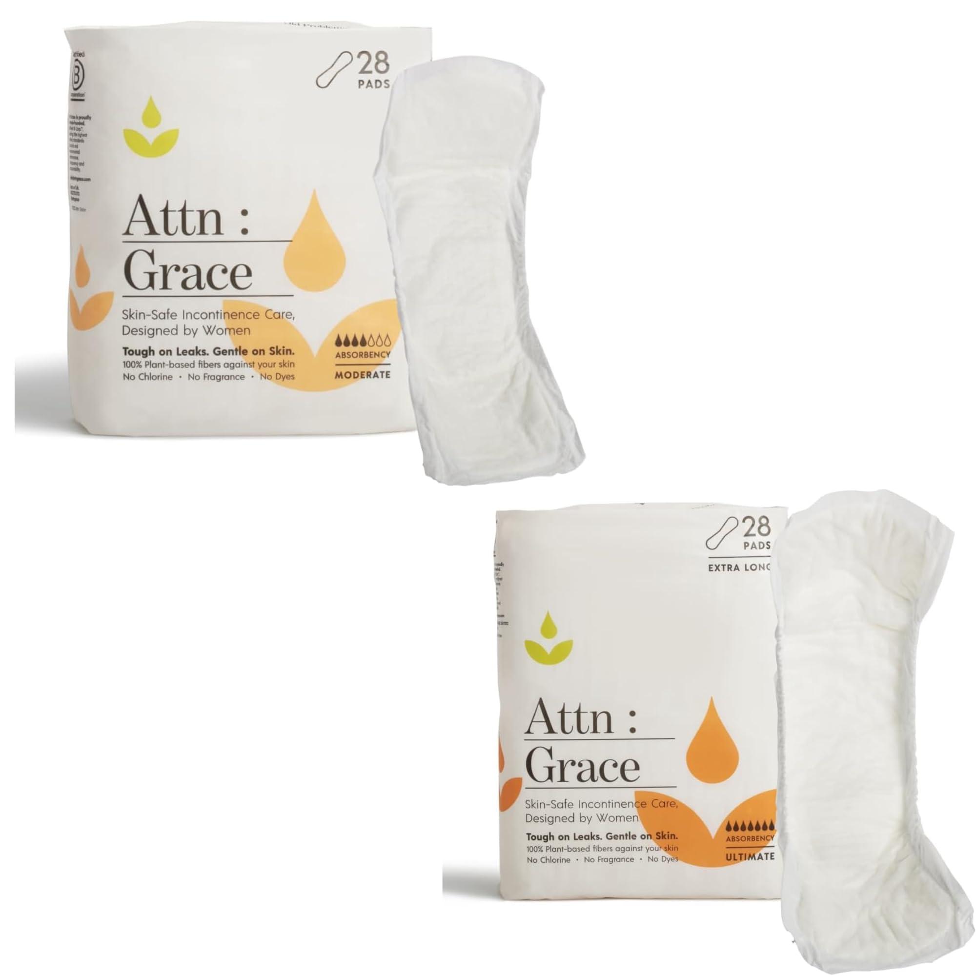 ATTN : GRACE Attn: Grace Moderate and Ultimate Incontinence Pads for Women (28 Pads in Each Pack) - High Absorbency Sensitive Skin Protection for Bladder Leakage or Postpartum/Discreet, Breathable, & Plant-Based