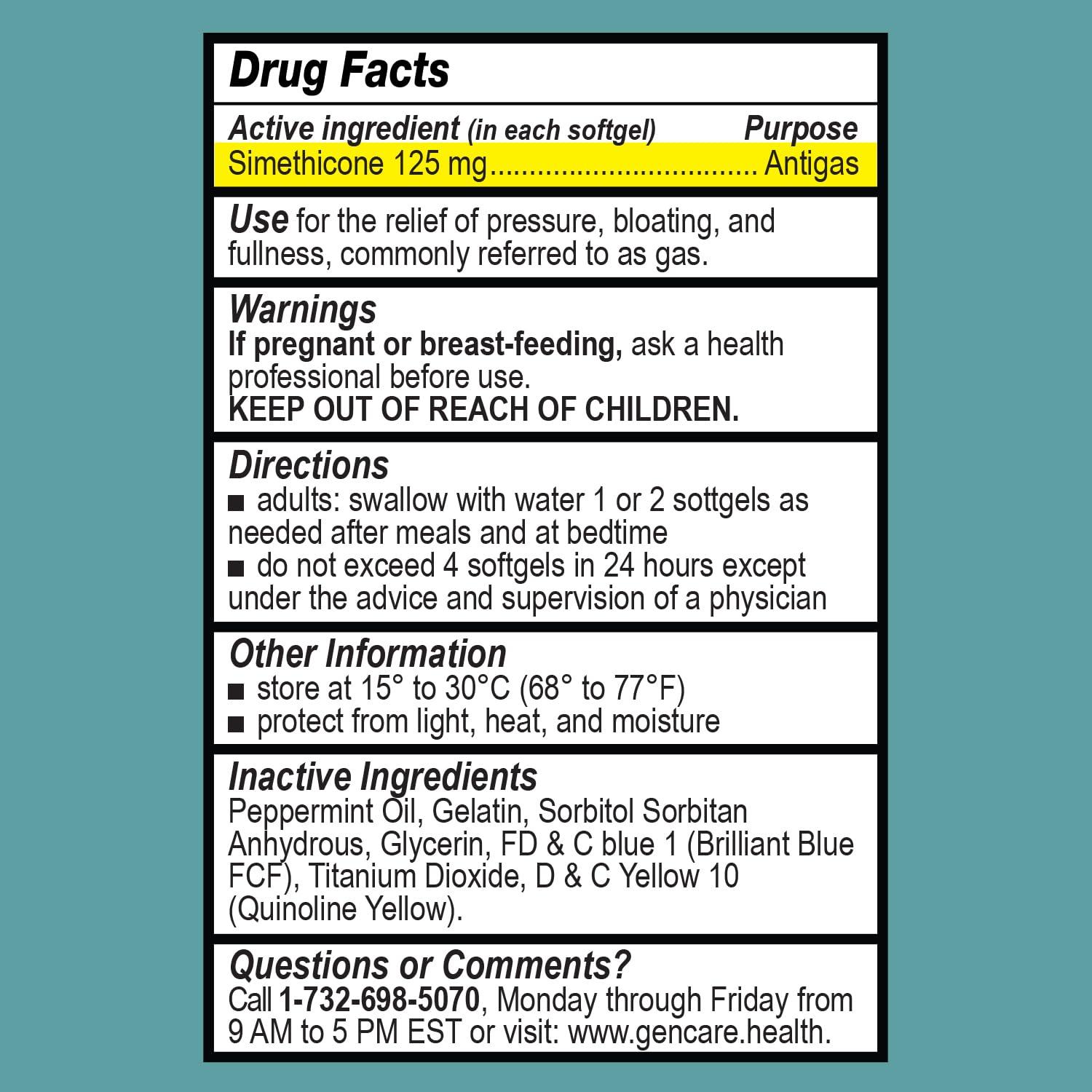 GenCare GenCare -Extra Strength Gas Relief Simethicone 125mg (180 Softgels) Maximum Strength Anti Gas Pills for Bloating Relief, Pressure & Discomfort - Compare to Generic Extra Strength Gas X
