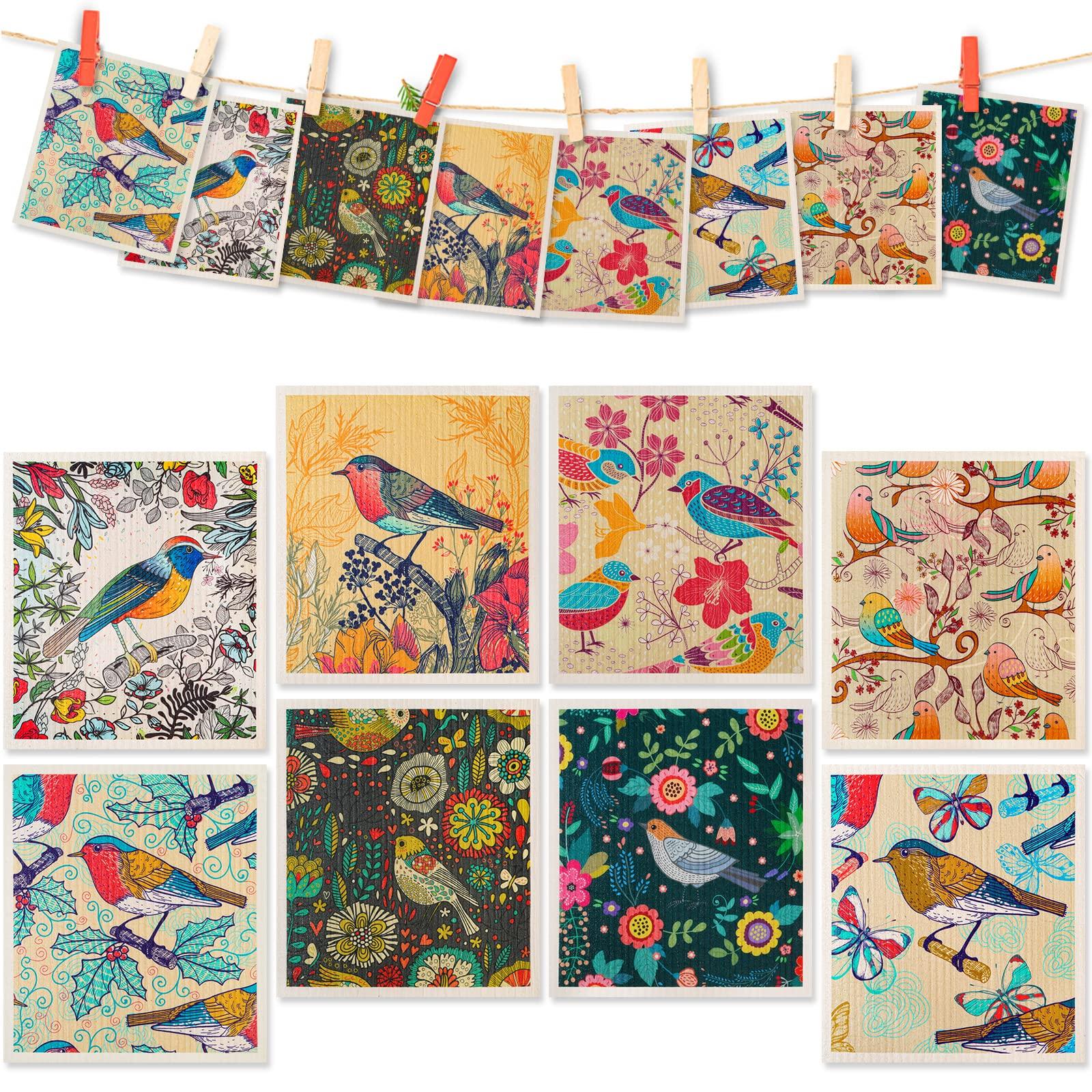 Lucomb Lucomb 8 Pack Swedish Dishcloths for Kitchen, Reusable Soft Kitchen Towels Dish Cloths Set Absorbent Sponge Cleaning Washable Quick Drying Bar Hand Washing (Birds Flowers)