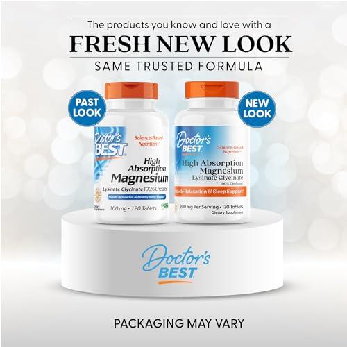 Doctor's BEST Doctors Best High Absorption Magnesium Glycinate Lysinate Supplement - 100% Chelated for Maximum Absorption - Magnesium for Sleep and Muscle Relaxation - 200 Mg Per Serving - 120 Tablets
