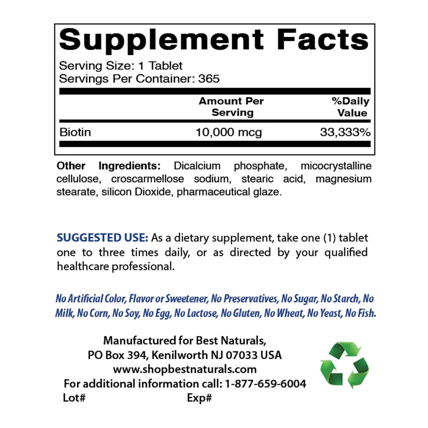 Best Naturals Best Naturals Biotin (Also Called Vitamin B7), 10,000 mcg Tablets (365 Count (Pack of 3))