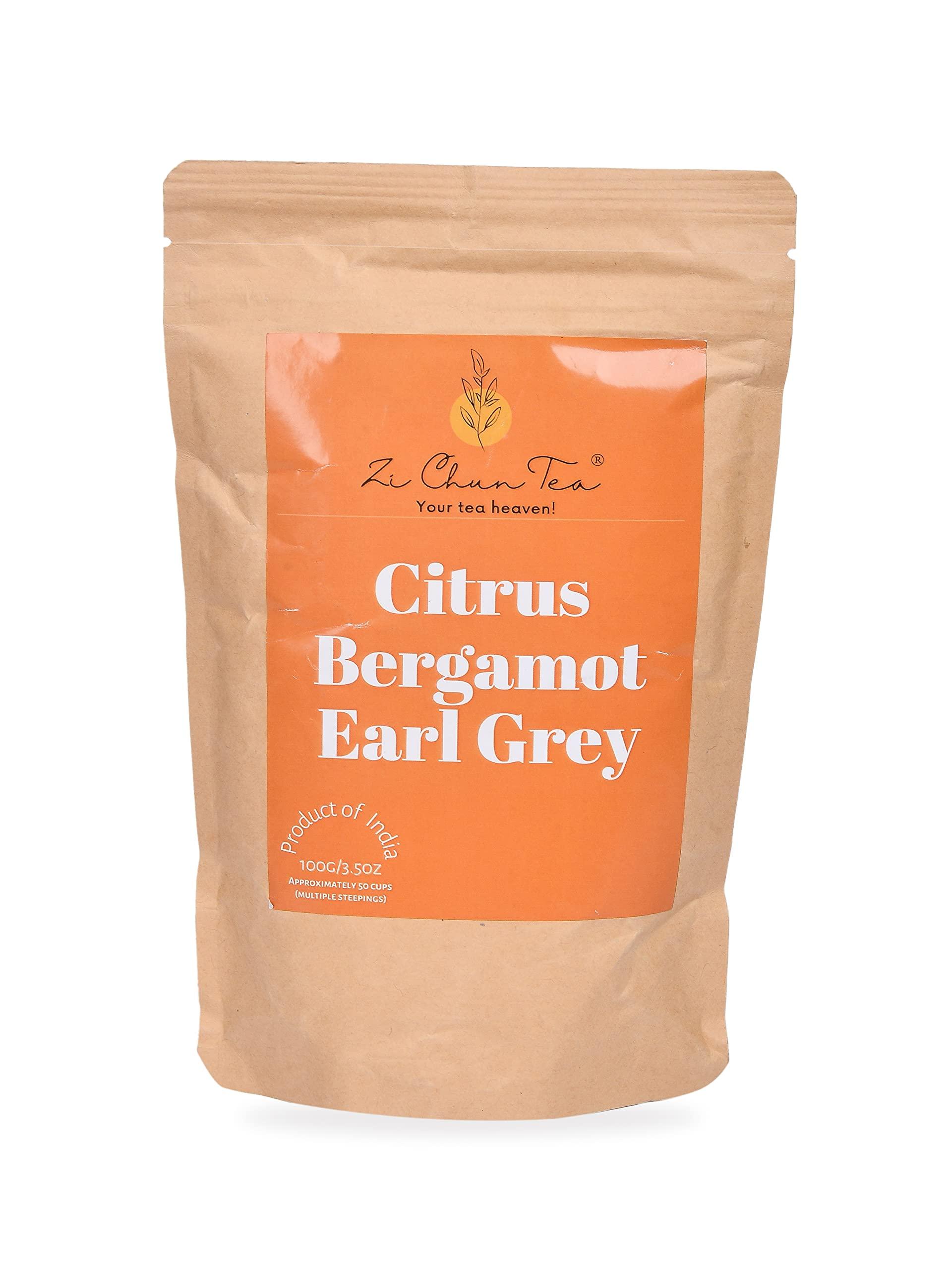 Zi Chun Tea Organic Citrus Bergamot Earl Grey Tea : Loose Leaf Autophagy Tea with Extra Bergamot pieces Not your Regular Earl Grey : A Full 30% Citrus Bergamot - 3.5 ounces