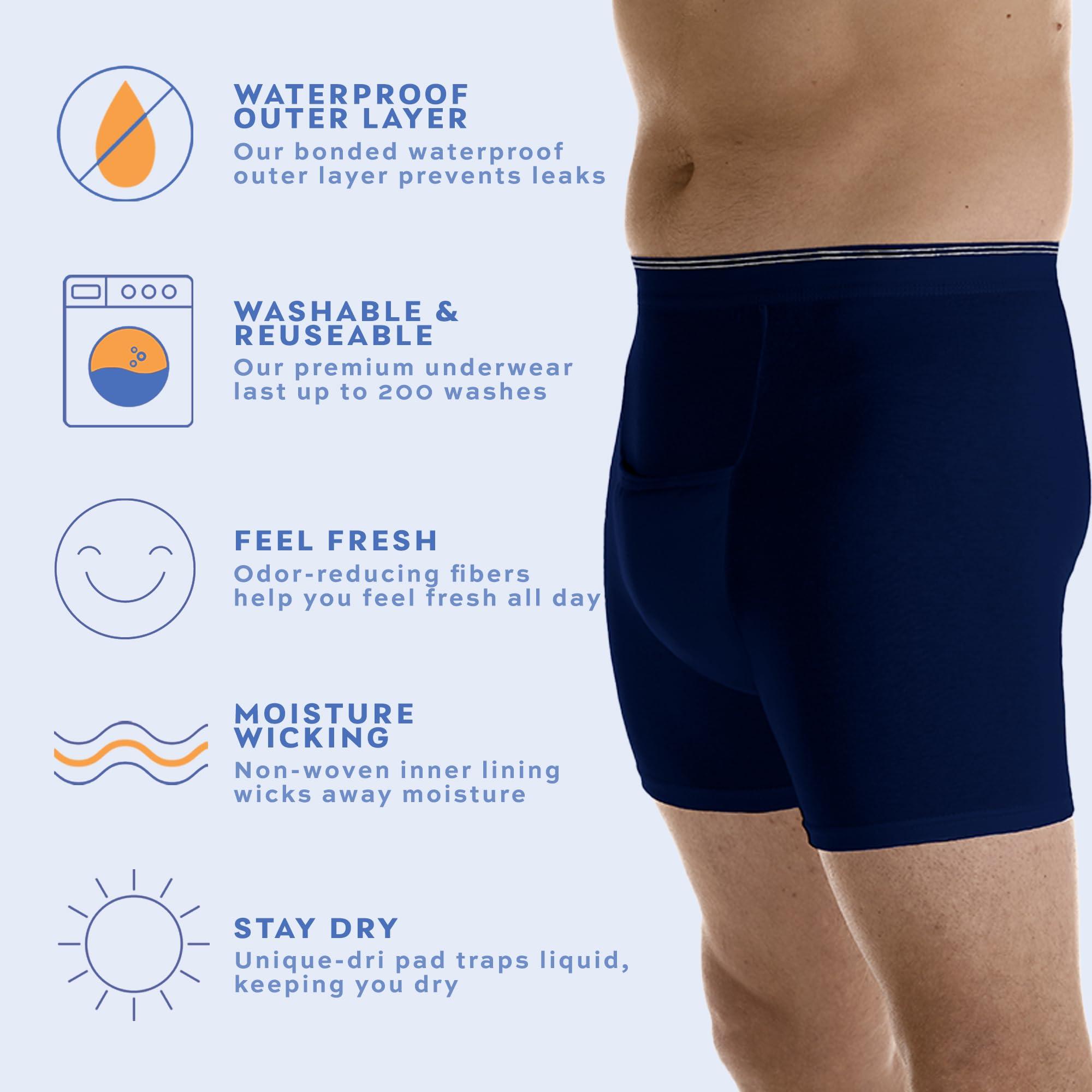 Wearever Wearever Mens Incontinence H-Fly Boxer Briefs for Bladder Control with Maximum Absorbency - Reusable & Washable Leak Proof Underwear for Men (Pack of 6) (Navy) (Large) (Waist 38-40")