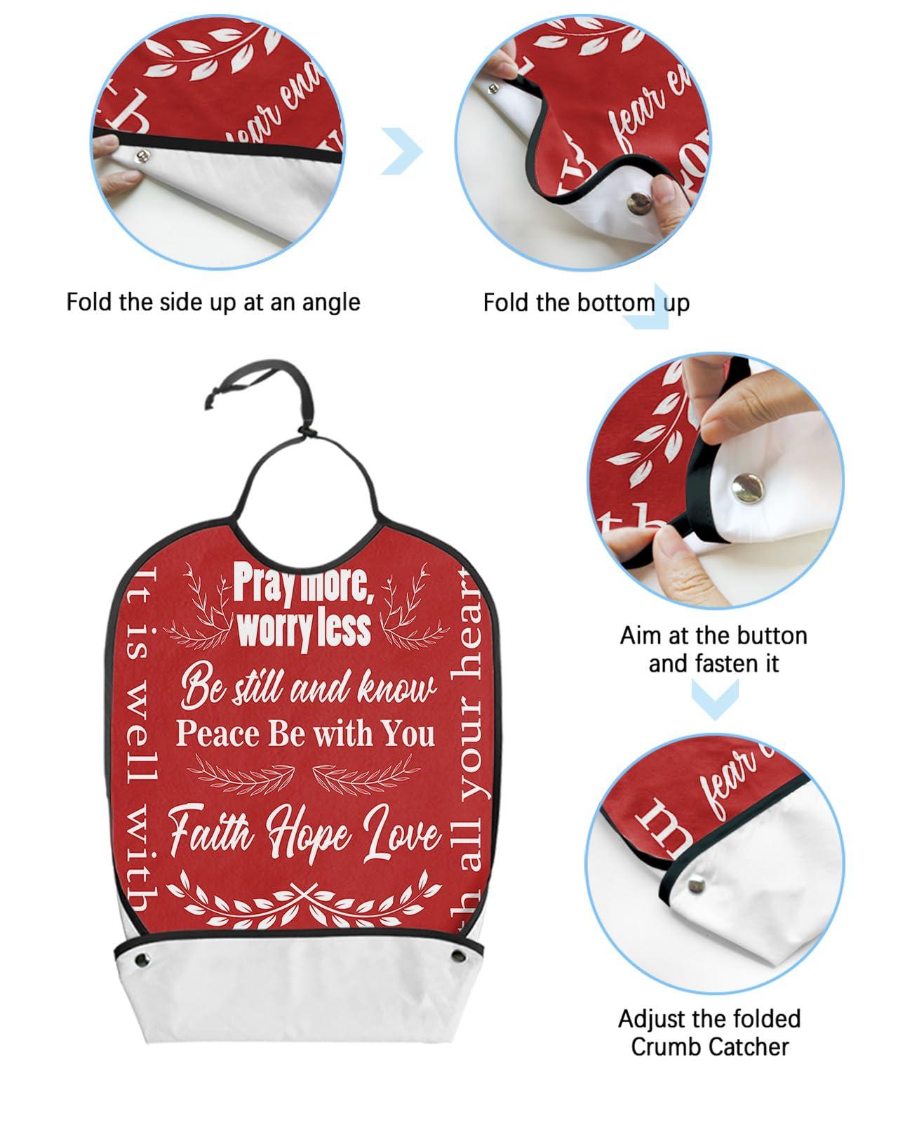 QueenKer Adult Bibs for Eating, Pray More, Worry Less Touching Quotes Red Background Waterproof Clothing Protector Washable Adult Bib with Crumb Catcher for Elderly Men and Women Seniors