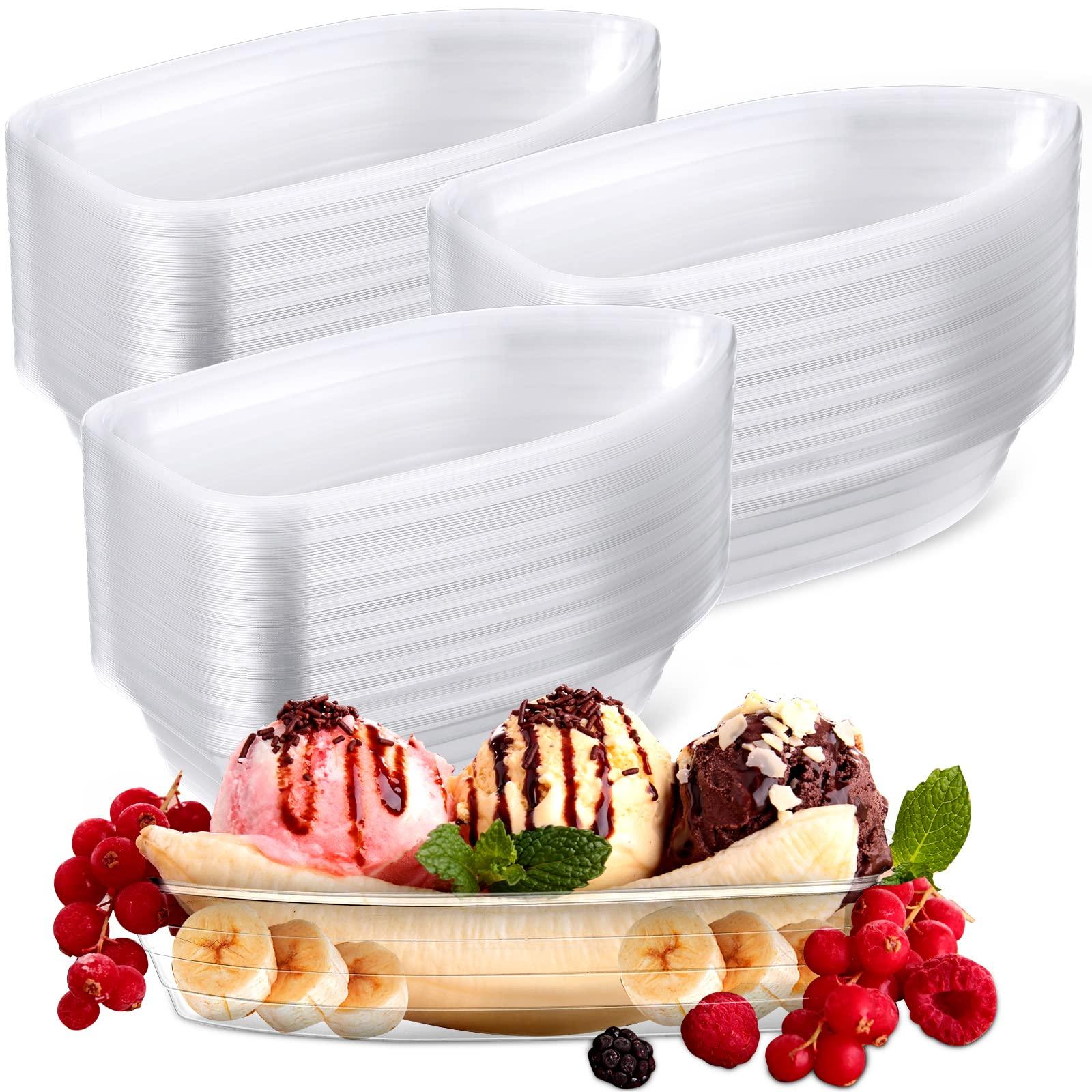 Rtteri Rtteri 100 Pcs Banana Split Boat Plate 12oz Disposable Ice Cream Sundae Bowls Banana Split Bowls Clear PET Plastic Splits Bowl Tray for Kid Party Dish Dessert Birthday Carnivals Gelato Home