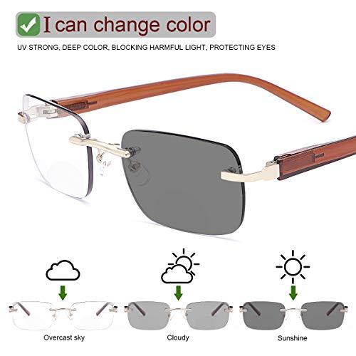 MIRYEA Rimless Bifocal Reading Glasses Spring Hinge Photochromic Sun Readers Transition Shades Computer Blue Light Blocking Sunglasses UV400 Protection Anti Glare Eyewear Gaming Eyeglasses for Men and Women