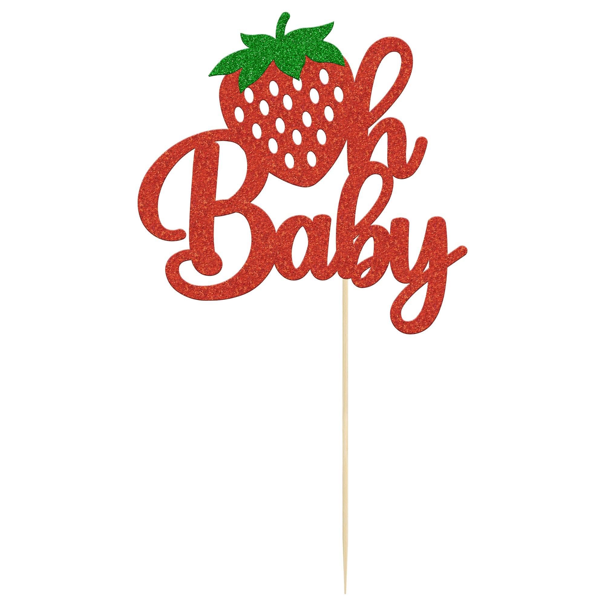 Gyufise 1Pc Strawberry Oh Baby Cake Topper Red Glitter Babyshower Strawberry Cake Pick Decoration for Sweet Fruit Theme Baby Shower Kids Birthday Party Supplies