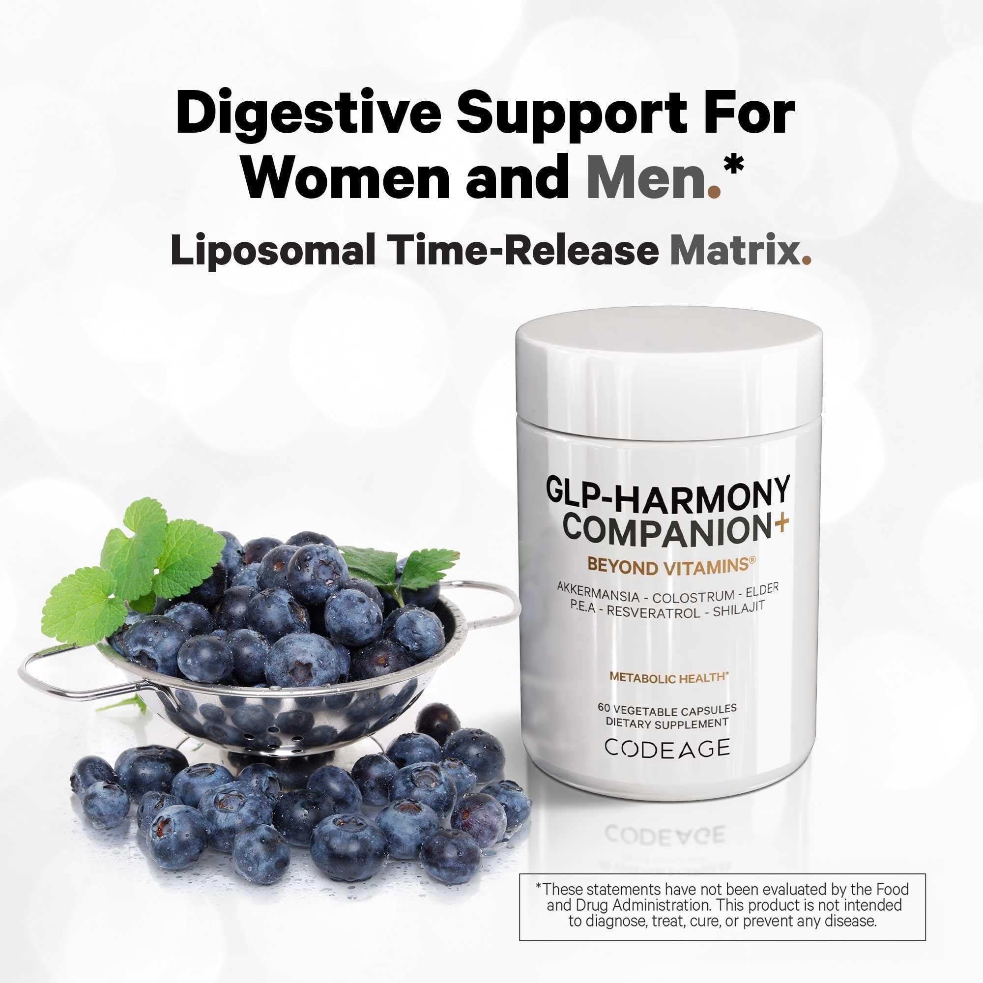 Codeage Codeage GLP-Harmony Companion+ Supplement - GLP-1 Agonist Support - Lion\'s Mane, Pea, Colostrum, Shilajit, Akkermansia, Elder, Citrus Bioflavonoids, Broccoli, Resveratrol - Non-GMO - 60 Capsules