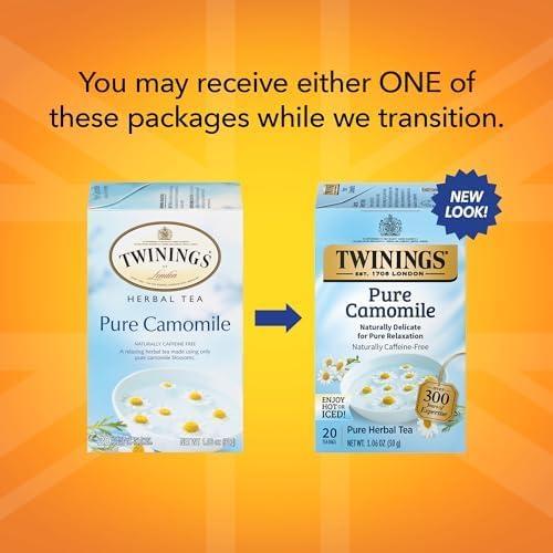 Twinings Twinings Pure Camomile Herbal Tea Individually Wrapped Bags, 20 Count (Pack of 6), Naturally Caffeine-Free, Enjoy Hot or Iced | Packaging May Vary