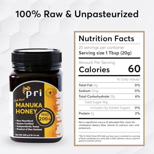 PRI PACIFIC RESOURCES INTERNATIONAL THE ESSENCE OF PRI Manuka Honey, Certified MGO 200+, Raw New Zealand Manuka Honey, 500g Jar