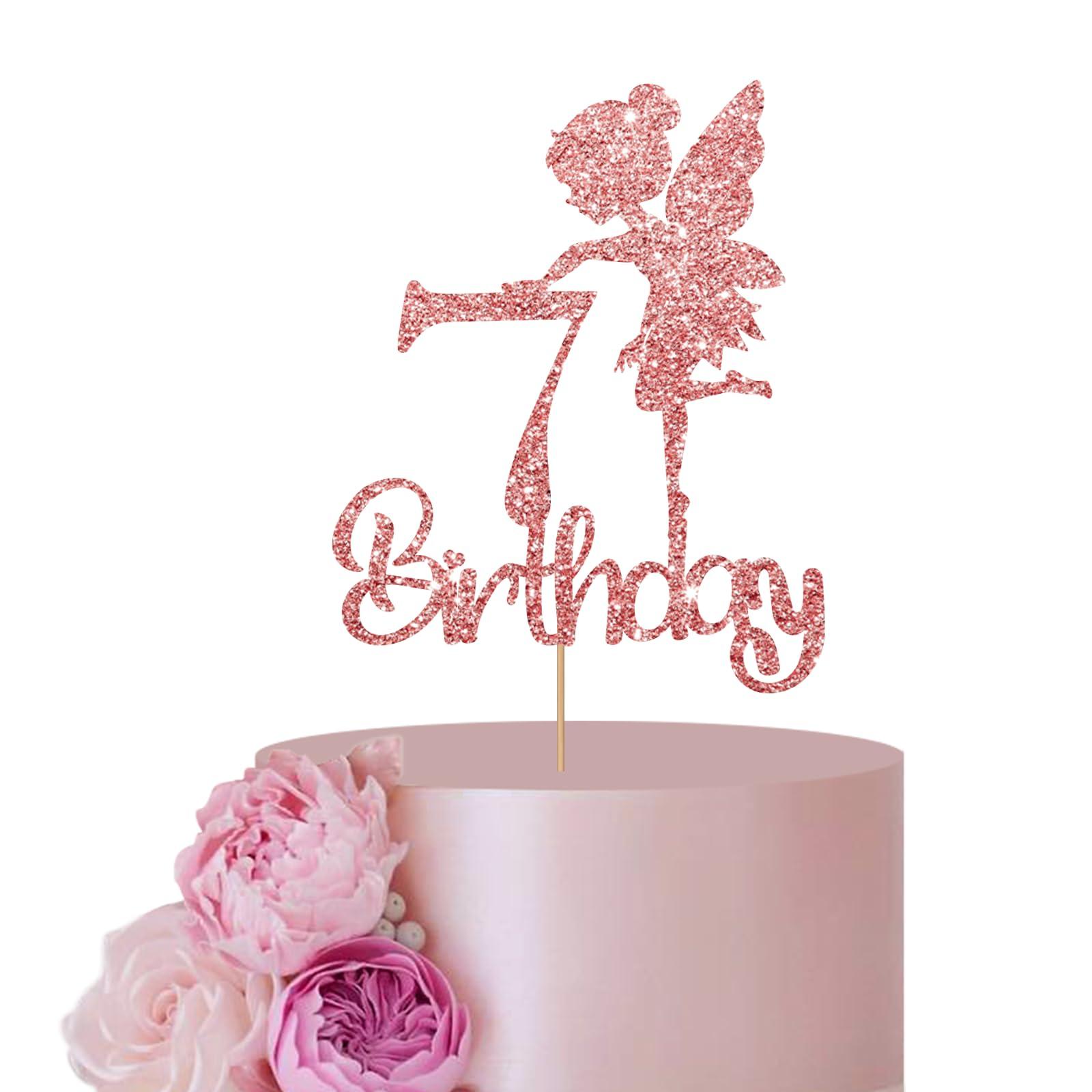 ANNATZQ Rose Gold Fairy Happy 7th Birthday Cake Topper, Fairy Seven Sign Cake Topper, Girl\'s Birthday/7th Anniversary Party Decorations Supplies