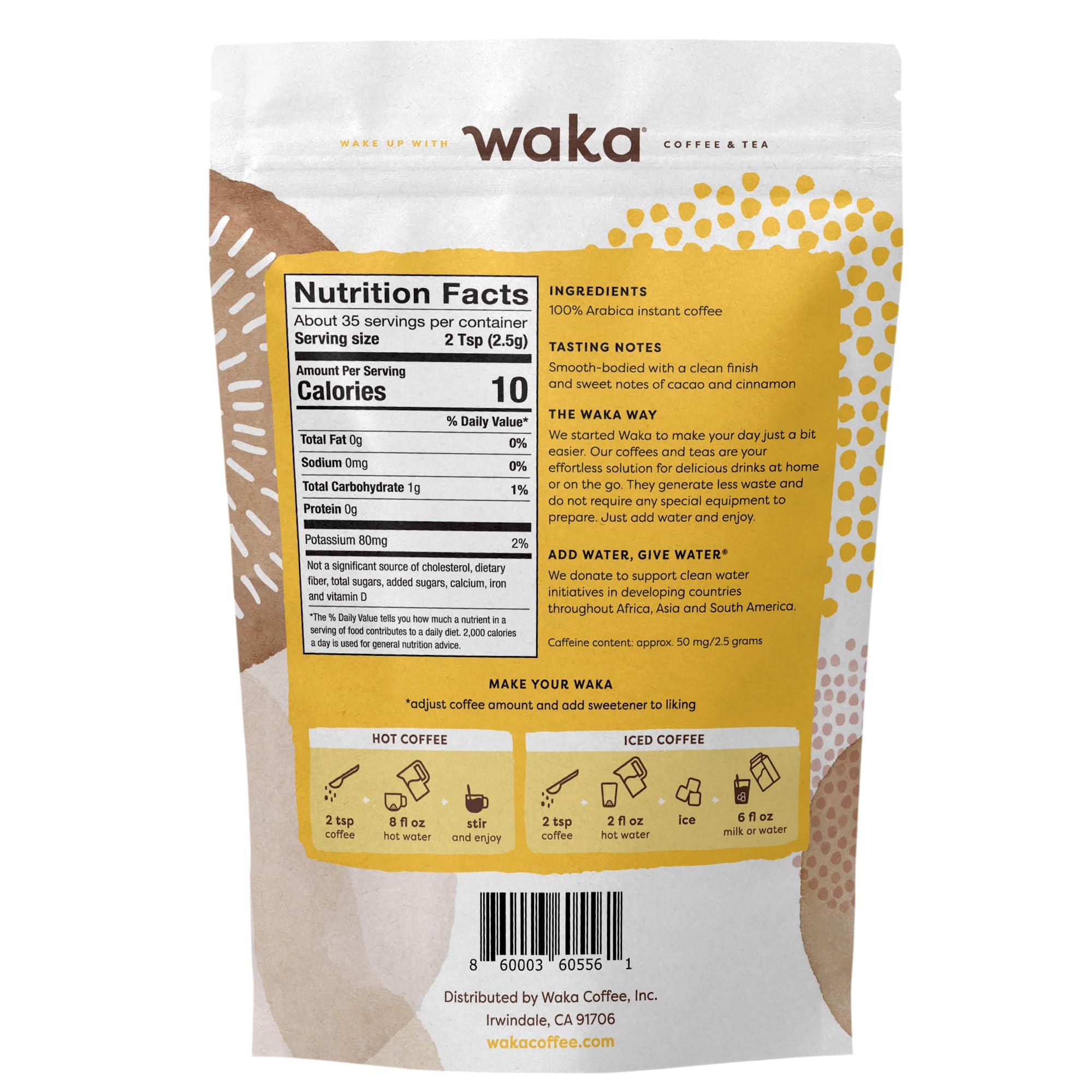 Waka Coffee Waka Instant Coffee, House Roast - 100% Arabica Beans, Freeze Dried Granules, No Sugar or Additives - Bulk Bag for Quick Hot and Iced Coffees, Up to 35 Cups (3.5oz)