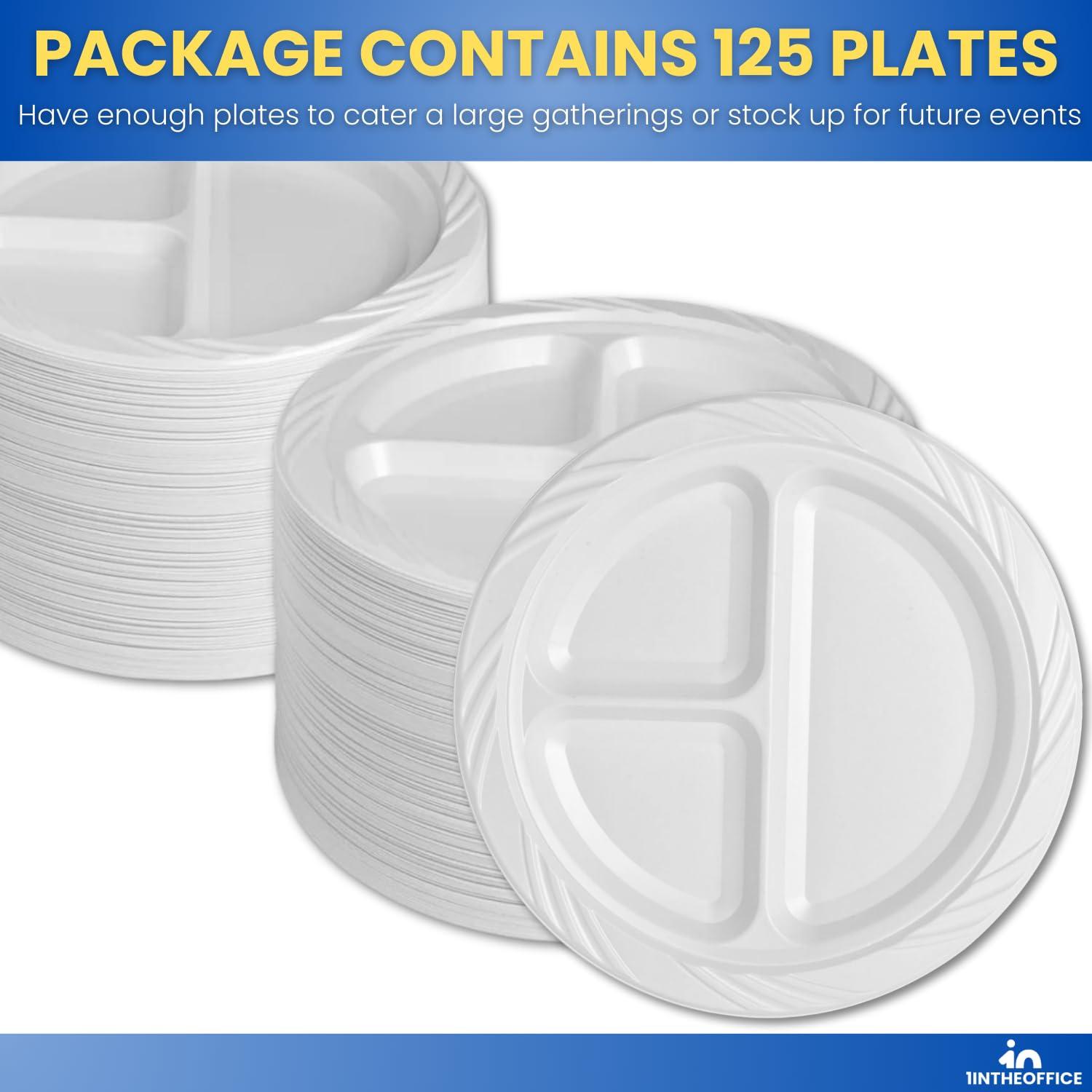 1InTheHome 1InTheHome 3 Compartment plates 9 inch Plastic Sectional Plates, Disposable Plates with Compartment, Round White Sectional Plates 9-inch diameter 125 pcs