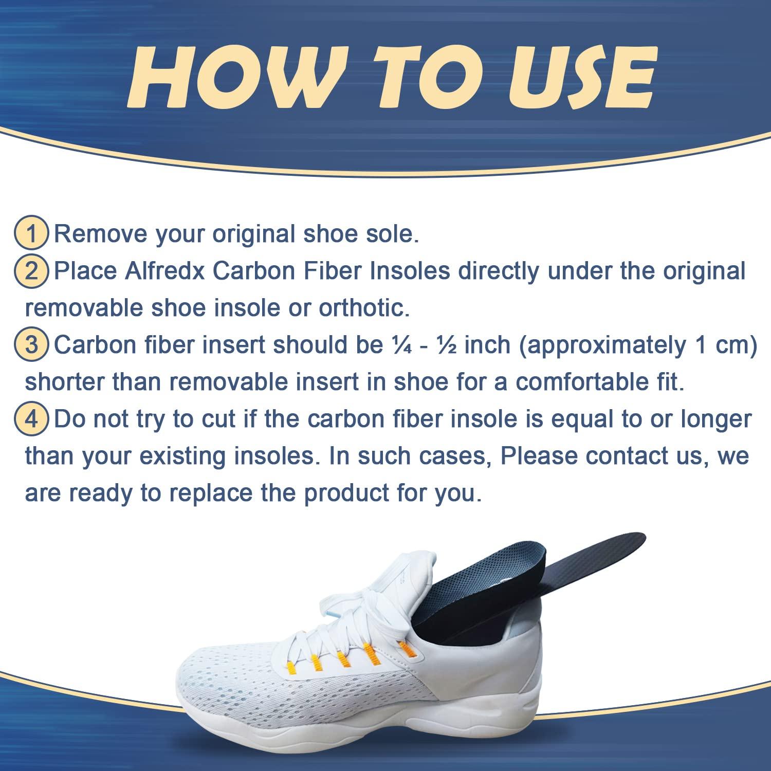 Alfredx Carbon Fiber Insole 1 Pair for Pain Relief & Recovery. Very Rigid Orthotic Inserts Ideal for Reducing Foot Pain of Turf Toe, Arthritis, Alternative to Post Op Shoe(Women\'s Size 9, Men\'s 8)