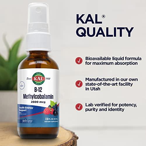KAL KAL Vitamin B12 Methylcobalamin ActivSpray 2500mcg, Healthy Energy, Metabolism, Nerve & Red Blood Cell Support,* Fast-Acting Liquid B12, Maximum Absorption, Natural Berry Flavor, 80 Servings, 2 fl oz
