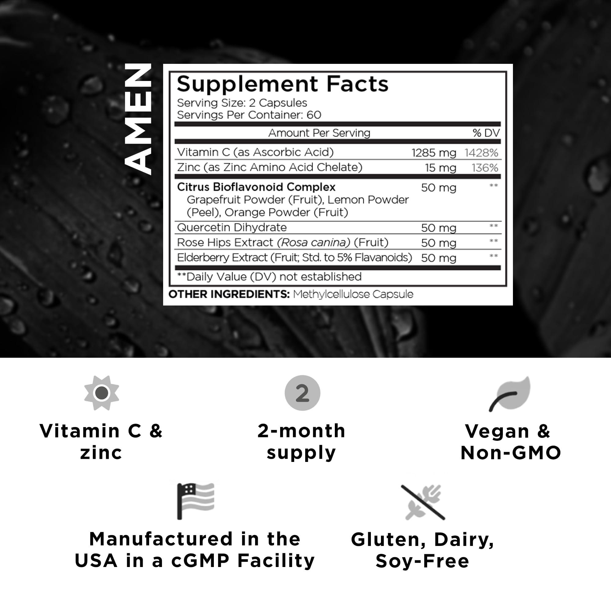 Amen Amen Vitamin C+ Supplement with Zinc, Bioflavonoids, Quercetin, Rose Hips, Elderberry – Vegan, Non-GMO – 2 Months Supply - 120 Capsules