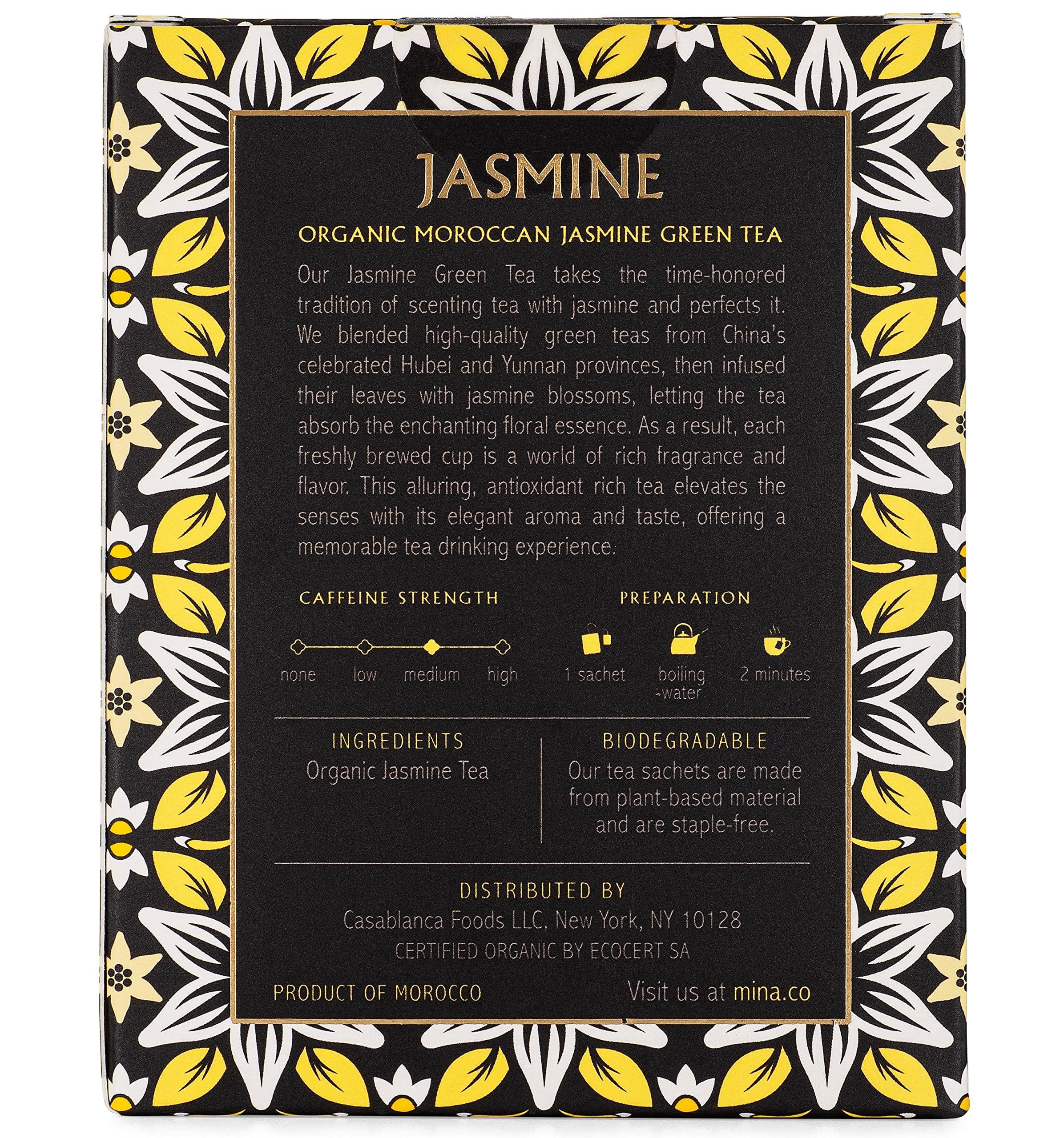 Mina Mina Organic Moroccan Jasmine Green Tea, 15 Biodegradable Sachets, Jasmine Scented Green Tea Bags with Enchanting Floral Essence, Refreshing Aroma, Enjoy Hot or Iced