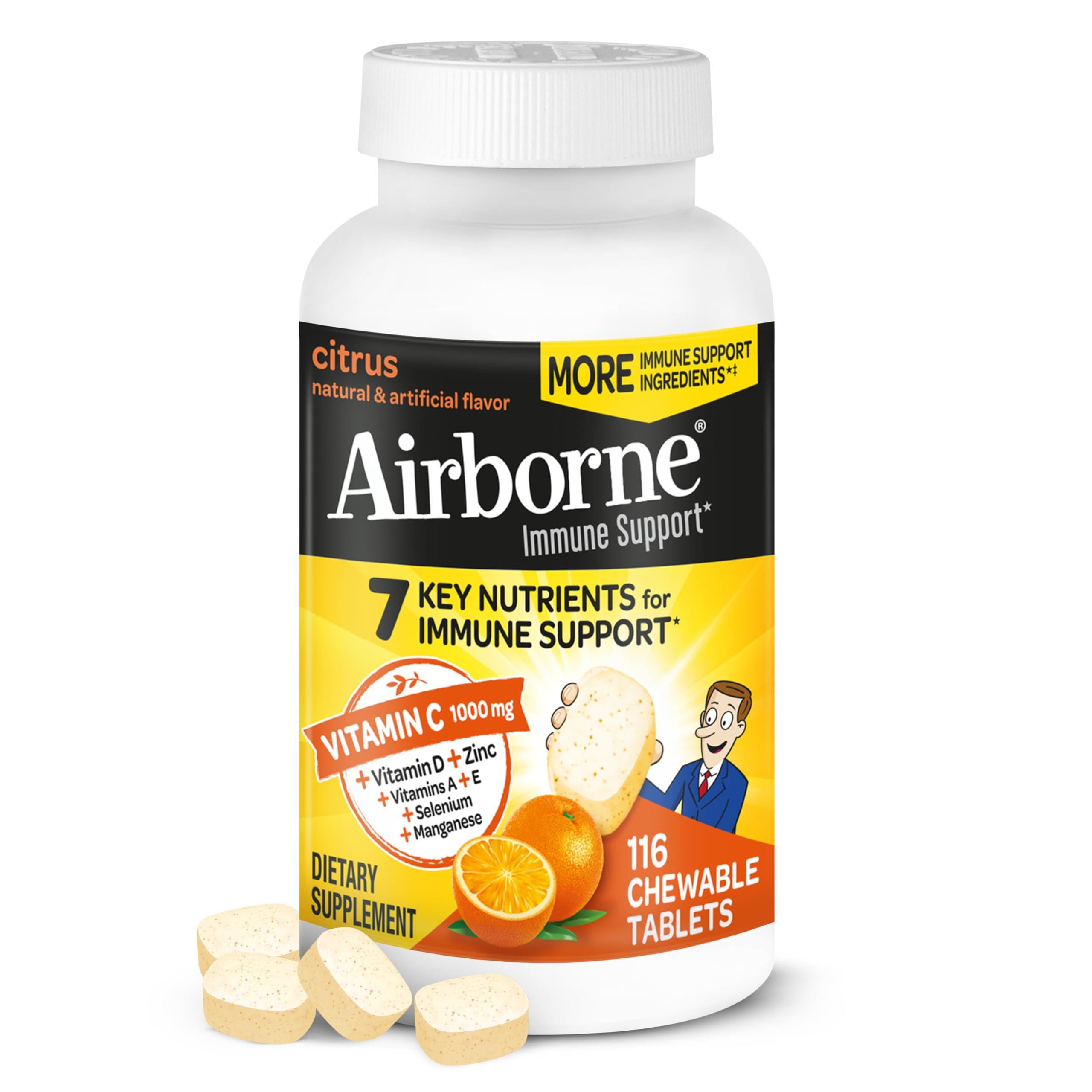 Airborne Airborne 1000mg Vitamin C Chewable Tablets with Zinc, Immune Support Supplement with Powerful Antioxidants Vitamins A C & E - (116 count bottle), Citrus Flavor, Gluten-Free