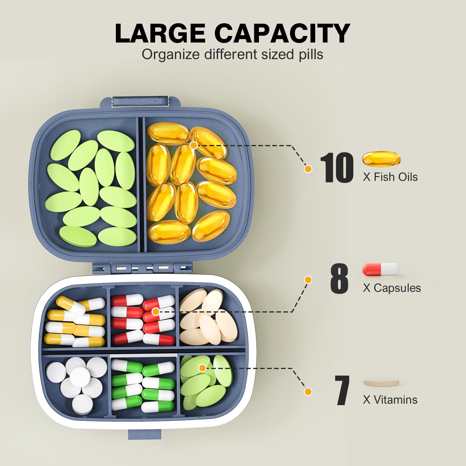 MEACOLIA MEACOLIA 3 Pack 8 Compartments Travel Pill Organizer, Daily Pill Case Small Pill Box for Pocket Purse, Portable Pill Container Medicine Vitamin Organizer (Red, Yellow, Dark Blue)