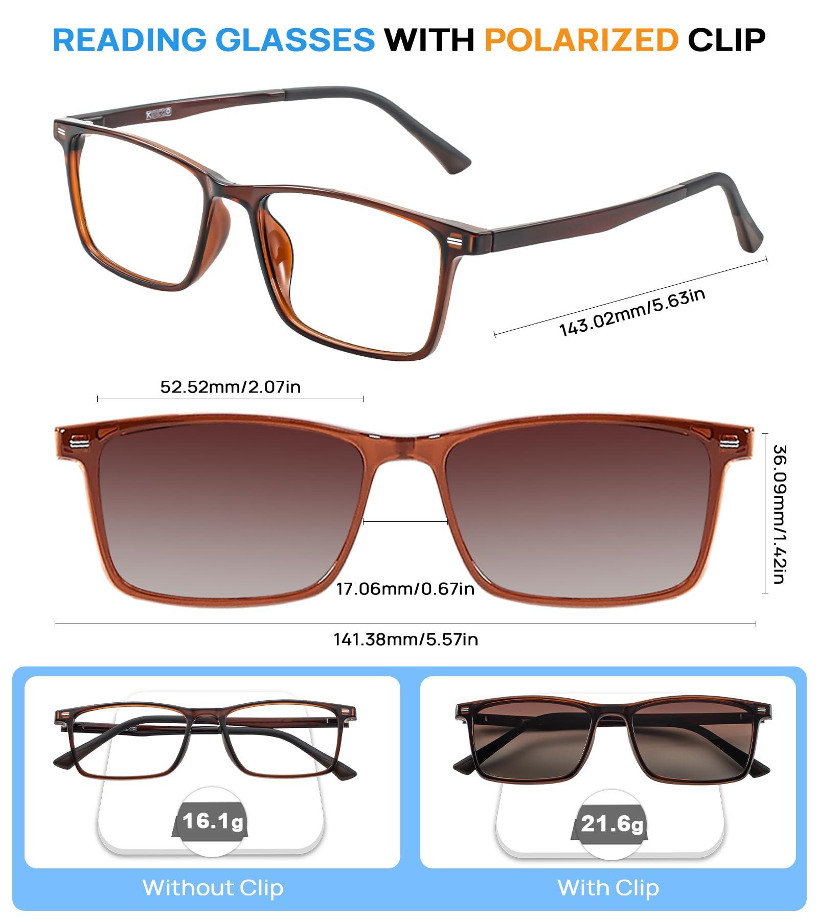WEMOOTANTS WEMOOTANTS Reading Glasses 1.5 Men, with Detachable Polarized Sunglasses Clip, Men's Rectangle Brown Readers 1.50