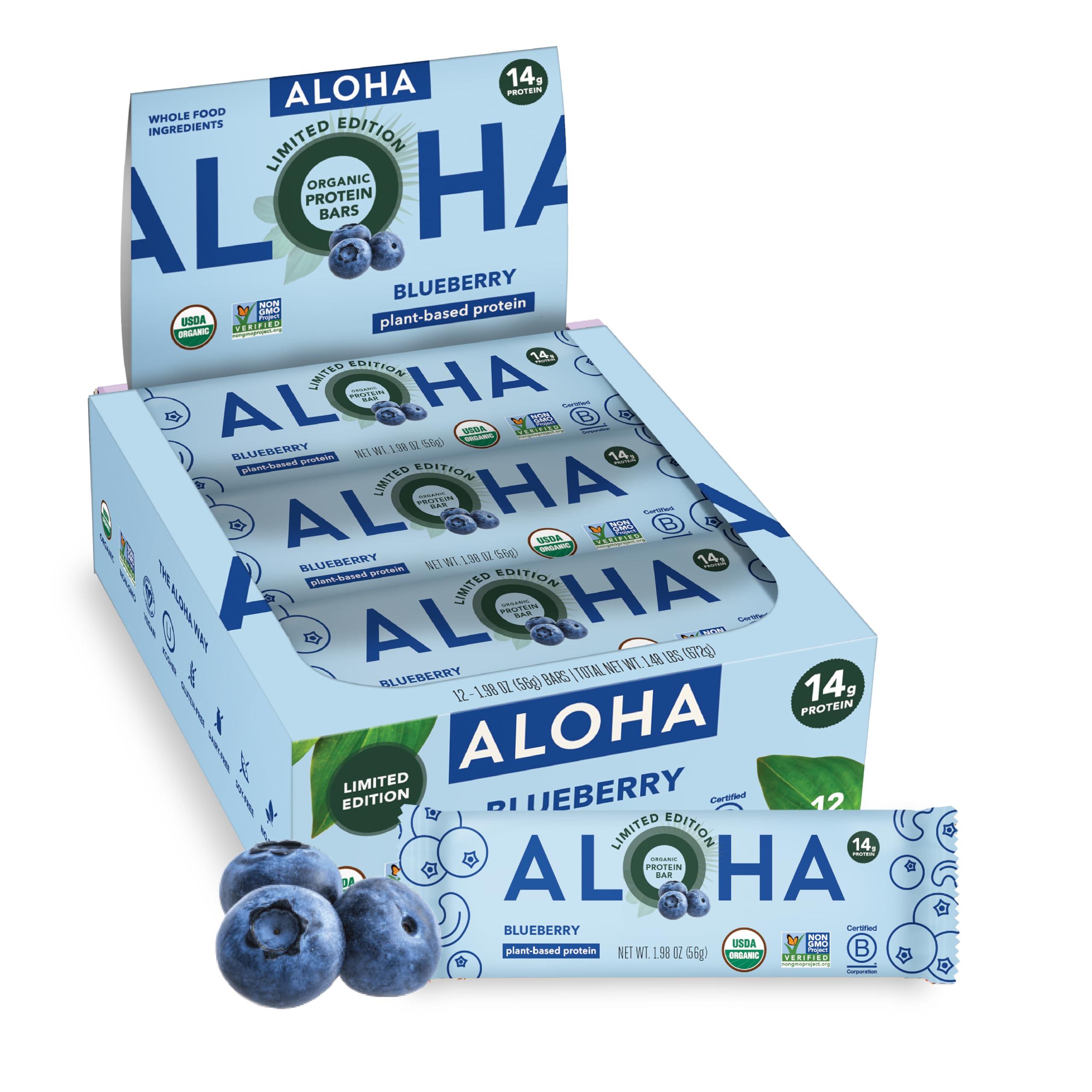 ALOHA ALOHA Organic Plant Based Protein Bars - Blueberry Bars, Vegan, Low Sugar, Gluten-Free, Low Carb, Non-GMO, No Stevia, No Erythritol - 12 Count (Pack of 1)