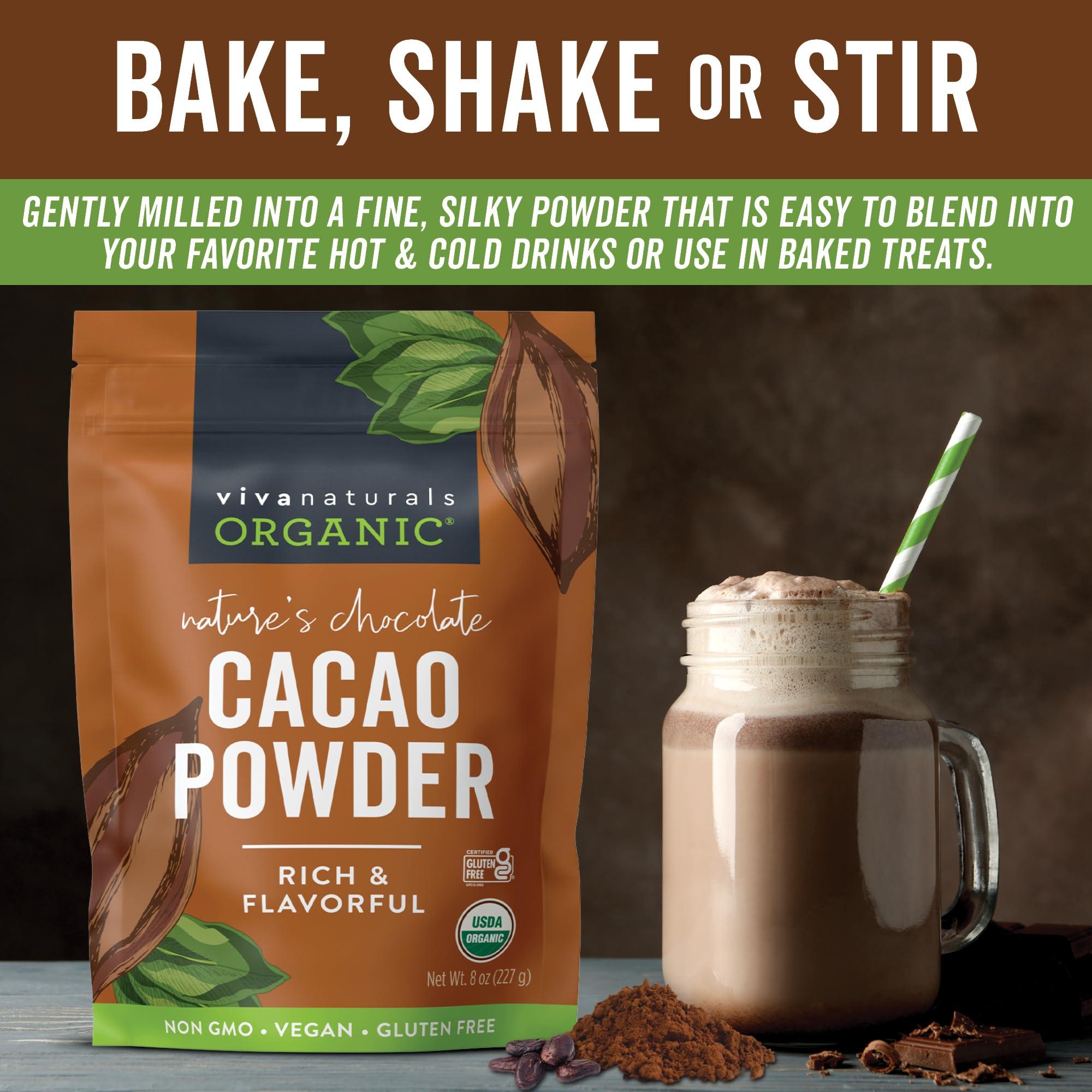 Viva Naturals Viva Naturals Organic Cacao Powder, 8 oz - Unsweetened Cocoa Powder With Rich Dark Chocolate Flavor, Perfect for Baking & Smoothies - Certified Vegan, Keto & Paleo, Non-GMO & Gluten-Free, 227 g