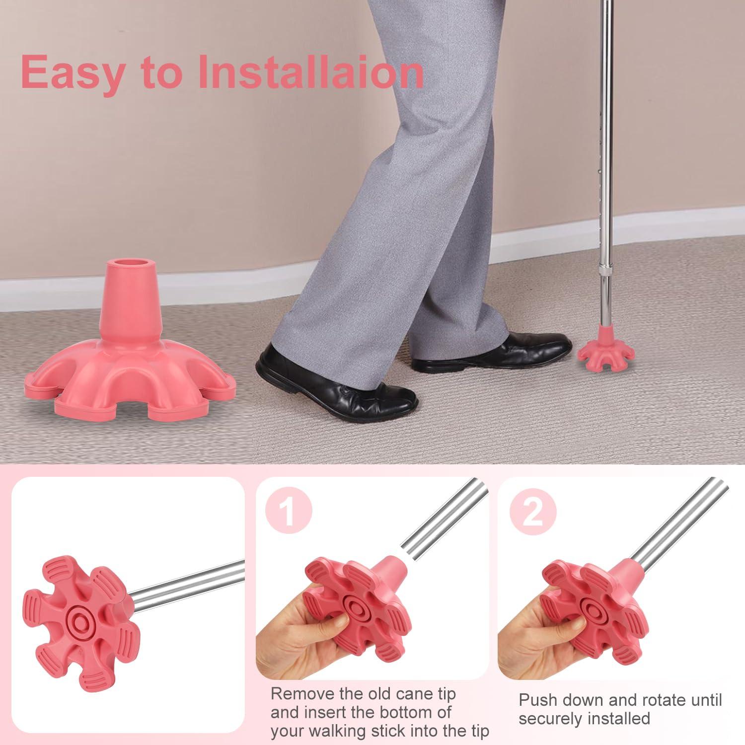 supregear supregear Cane Tip - Self Standing Heavy Duty Rubber Six Base Replacement for Walking Canes, Walking Sticks, Folding Canes or Offset Quad Pod or Tripod Canes - 6 Prong Cane Foot Pad (3/4 inch, Pink)
