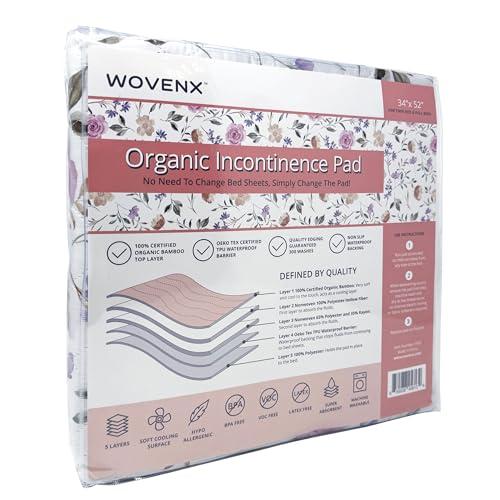 wovenx WOVENX Organic Incontinence Pads for Kids & Toddlers - 5 Layer Waterproof Protectors for Overnight Bed Wetting - Reusable & Washable Pee Pads - Fits Twin to Full Size Beds - 34\" x 52\" Flower