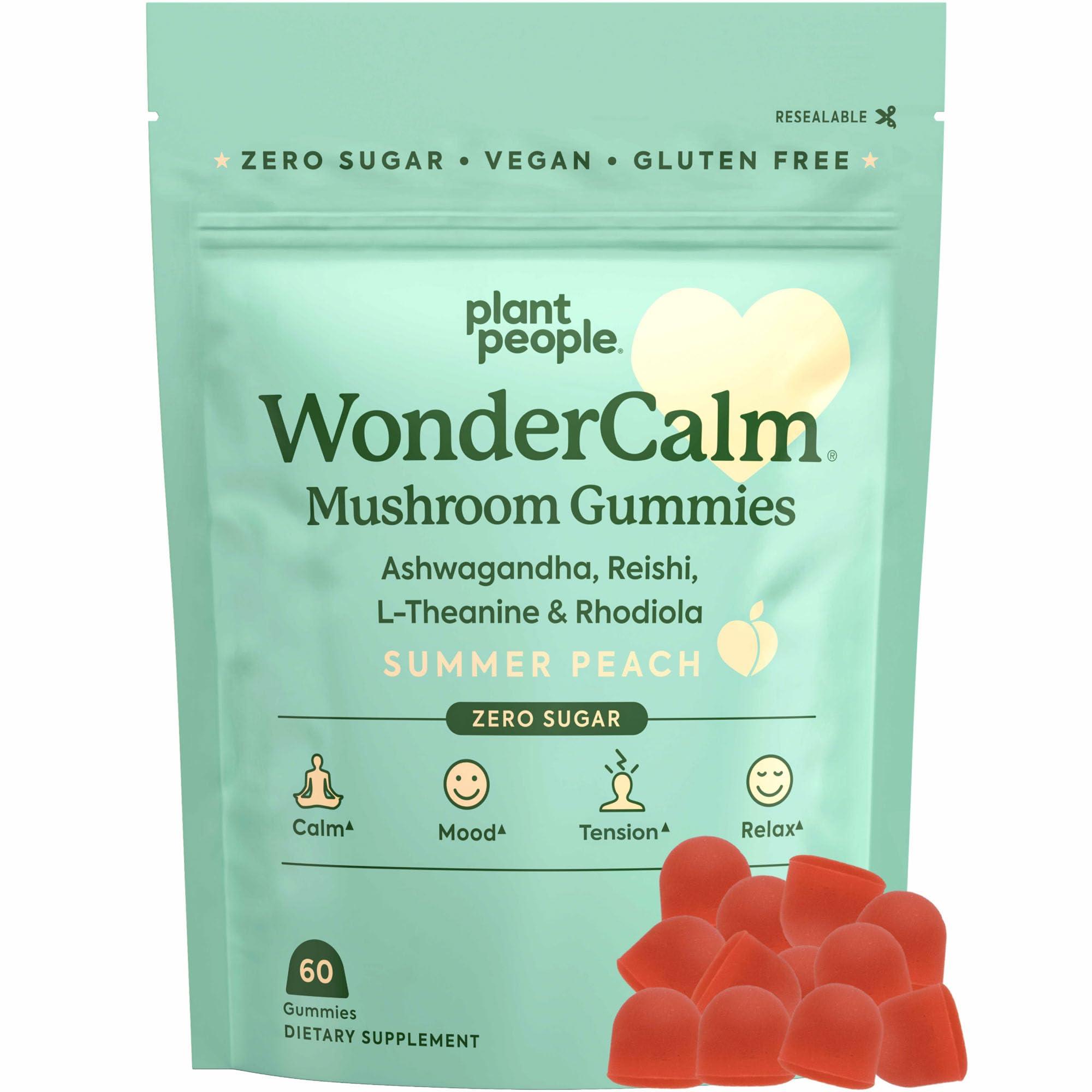 Plant People Plant People WonderCalm Mushroom Gummies - Natural Ashwagandha Supplement to Ease Stress & Boost Mood for Adults without Sugar, Gluten or Artificial Colors, Vegan-Friendly, Peach Flavor, 60 Count