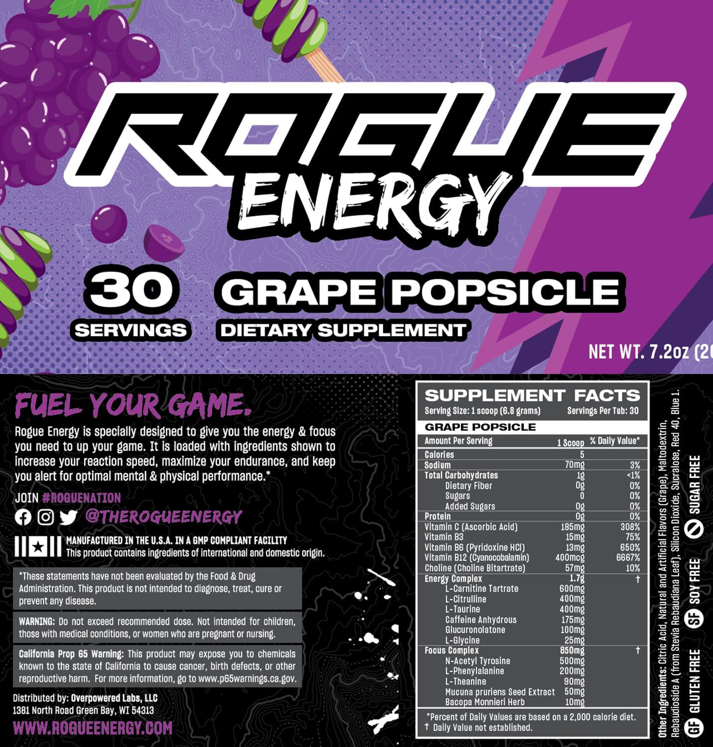 Rogue Energy Rogue Energy Drink Powder for Long Gaming Hours - Gaming Energy Powder for Mental Focus - Sugar & Gluten Free - Gaming Supplement with Caffeine & Vitamins - Made in USA (Grape Popsicle - 30 Servings)