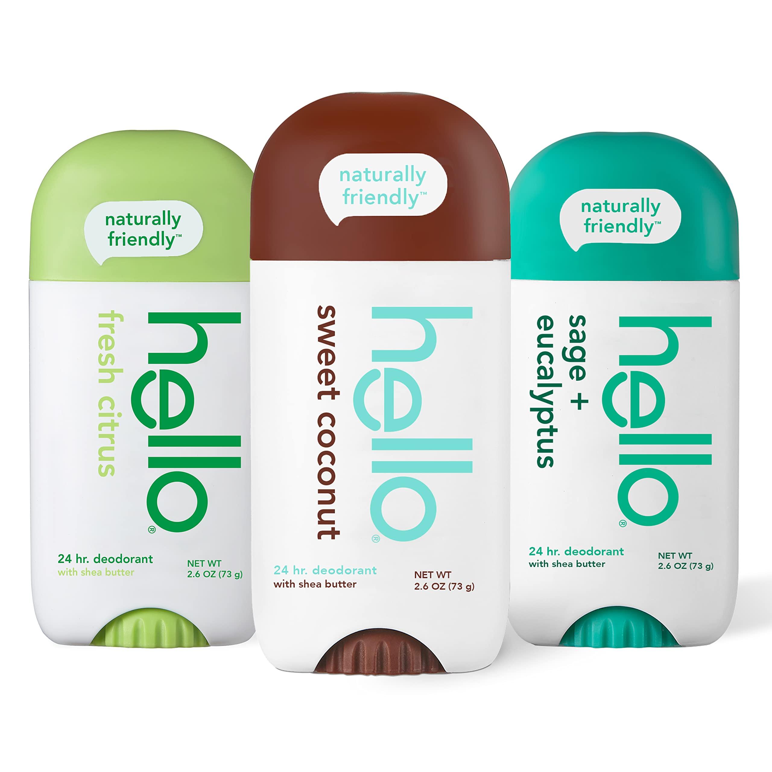 hello Hello Naturally Whitening Fluoride Toothpaste, Natural Peppermint Flavor and Tea Tree Oil & Deodorant Variety Pack (Sweet Coconut, Fresh Citrus, White Sage) for Women + Men