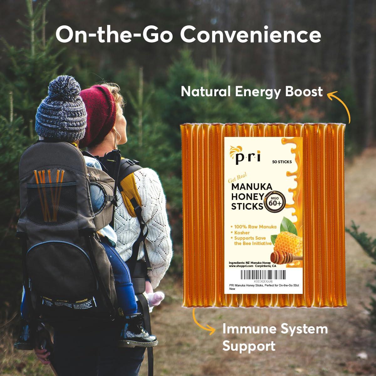PRI PACIFIC RESOURCES INTERNATIONAL THE ESSENCE OF PRI Manuka Honey Sticks, Certified MGO 60+, Raw New Zealand Manuka Honey, Perfect for On-the-Go, 50 count