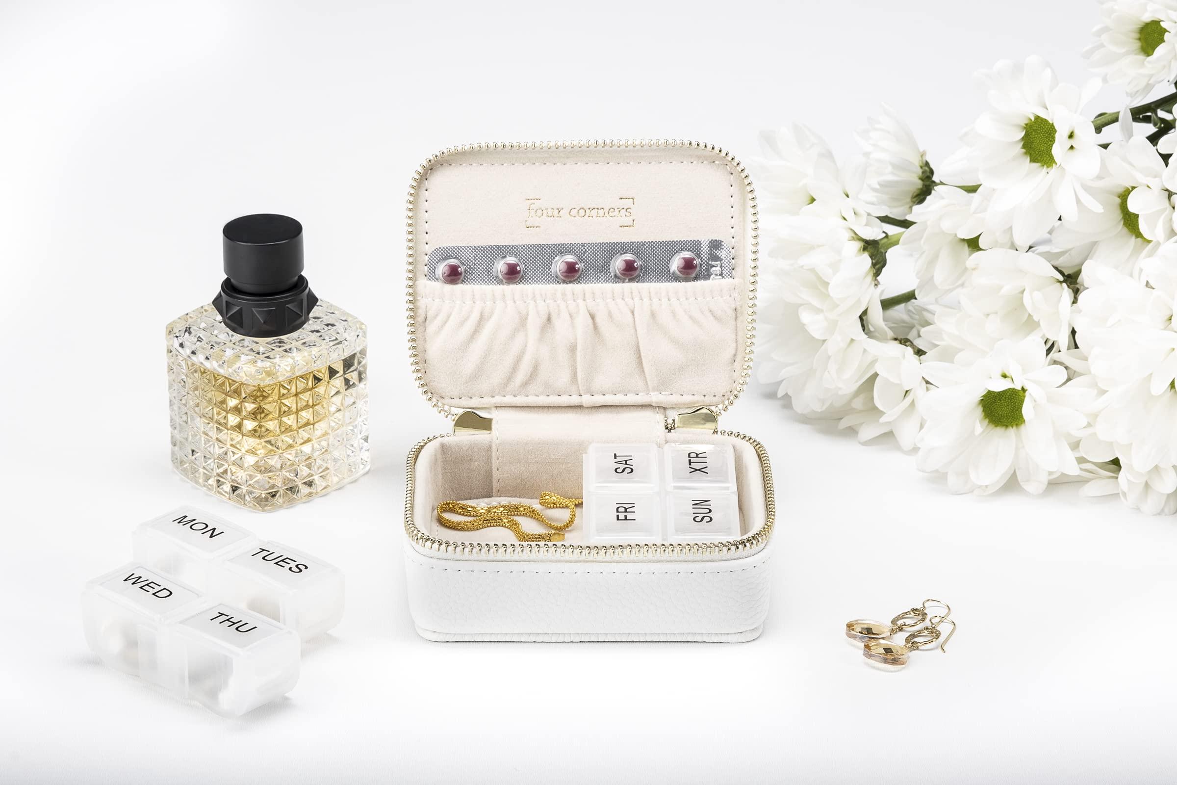 Four Corners Co Pill Organizer Vegan Leather Pill Case with Removable 7-Day Daily Pill Organizer a Travel Pill Organizer for Your Travel Essentials (White)