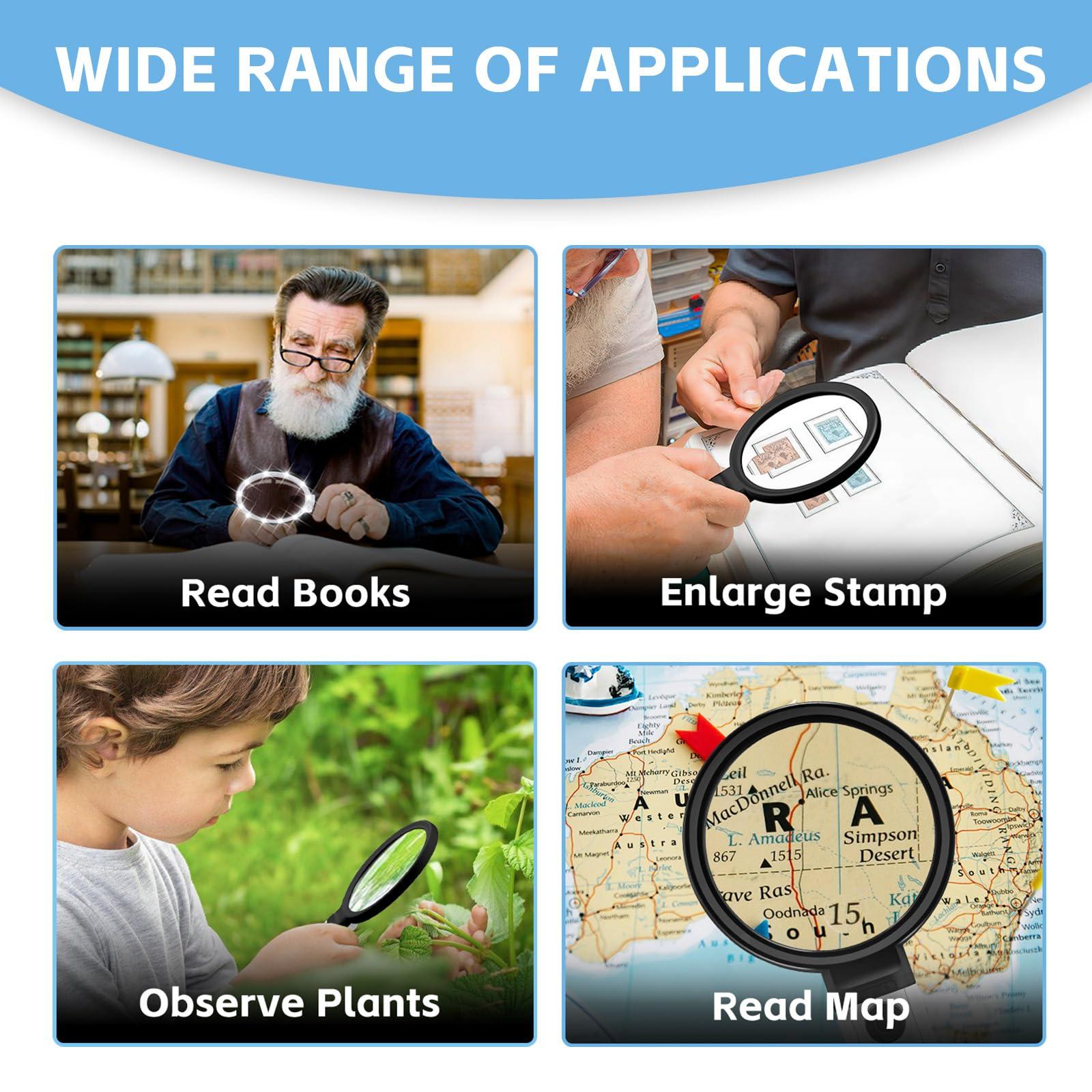 HQGZQL 30X 10X Large Magnifying Glass with Light and Stand Lighted Magnifying Glass with 12 LEDs 3 Adjustable Light Mode Handheld Magnifier for Low Vision Seniors Small Prints Reading Coins (Dark Black)