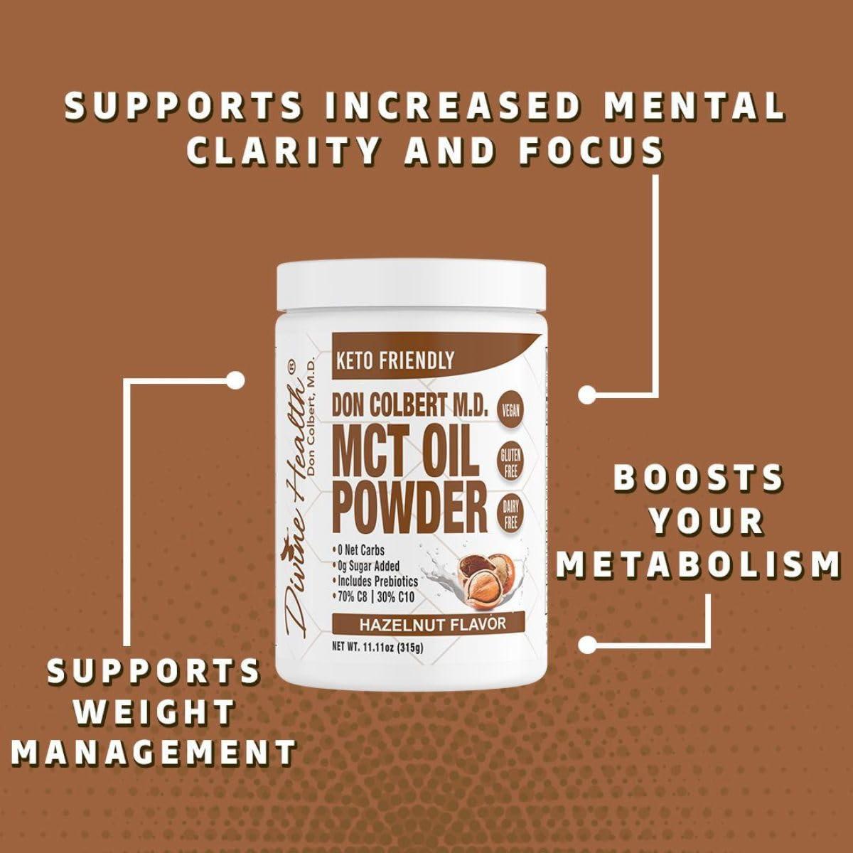 Divine Health Dr. Colbert MD MCT Oil Powder | Hazelnut Flavor | by Divine Health | Recommended in The Keto Zone Diet book | 70% C8 | 30% C10 | 0 Net Carbs | Alternative to Coffee Creamer | 315g