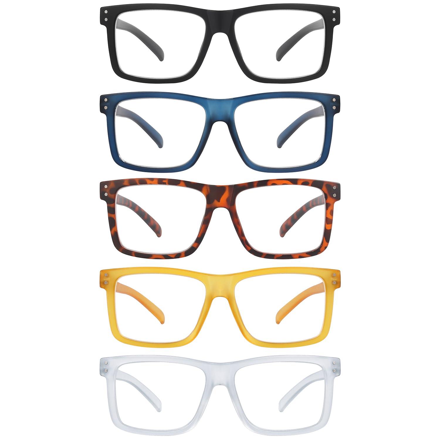 LUR Oversized Reading Glasses for Men 4.0 Large Square Readers Women 5 Pack Cheaters Glasses with Spring Hinges