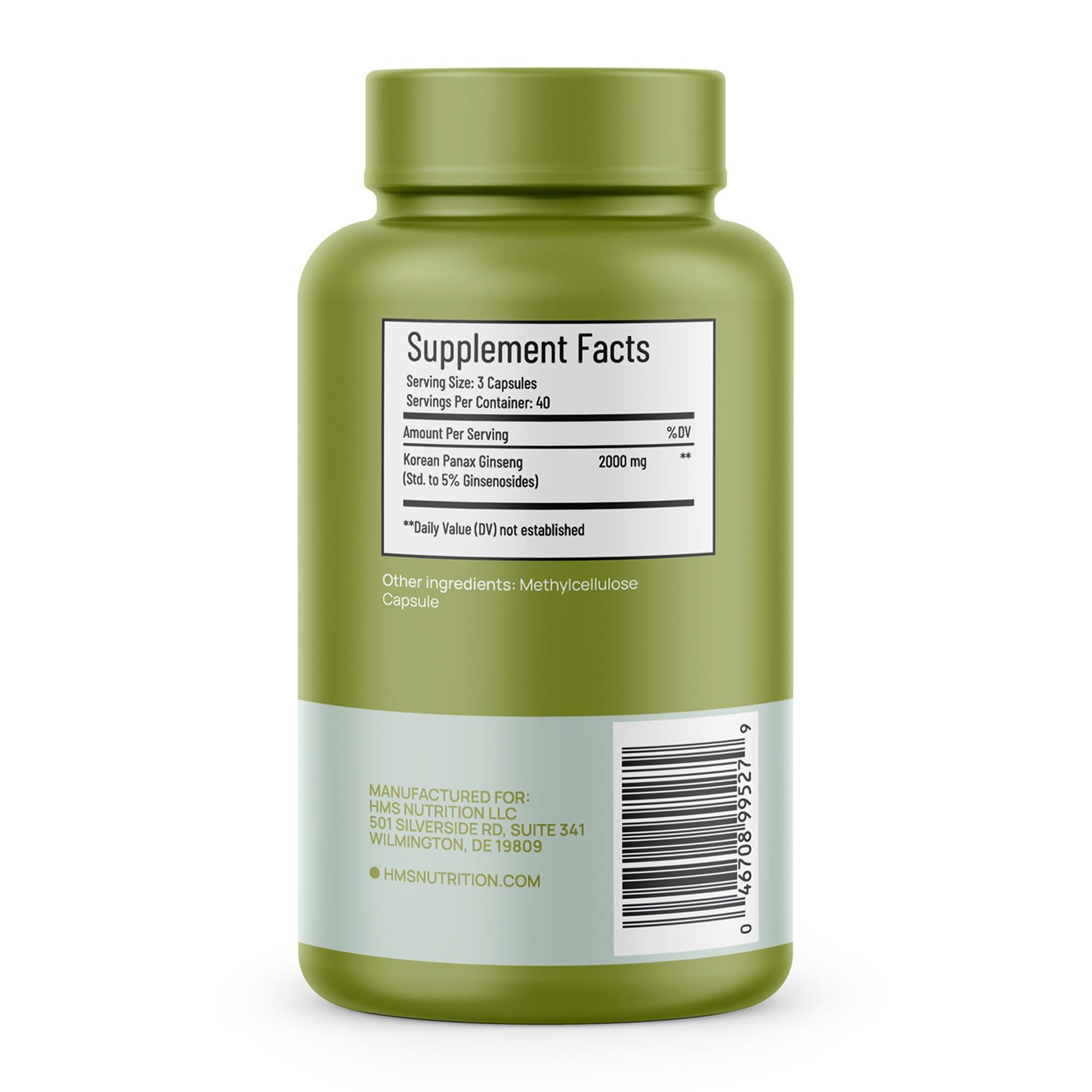 HMS Nutrition Korean Red Panax Ginseng 2000mg 120 Vegan Capsules Super Strength Extract - High Ginsenosides Supports Energy, Stamina, Performance and Mental Health