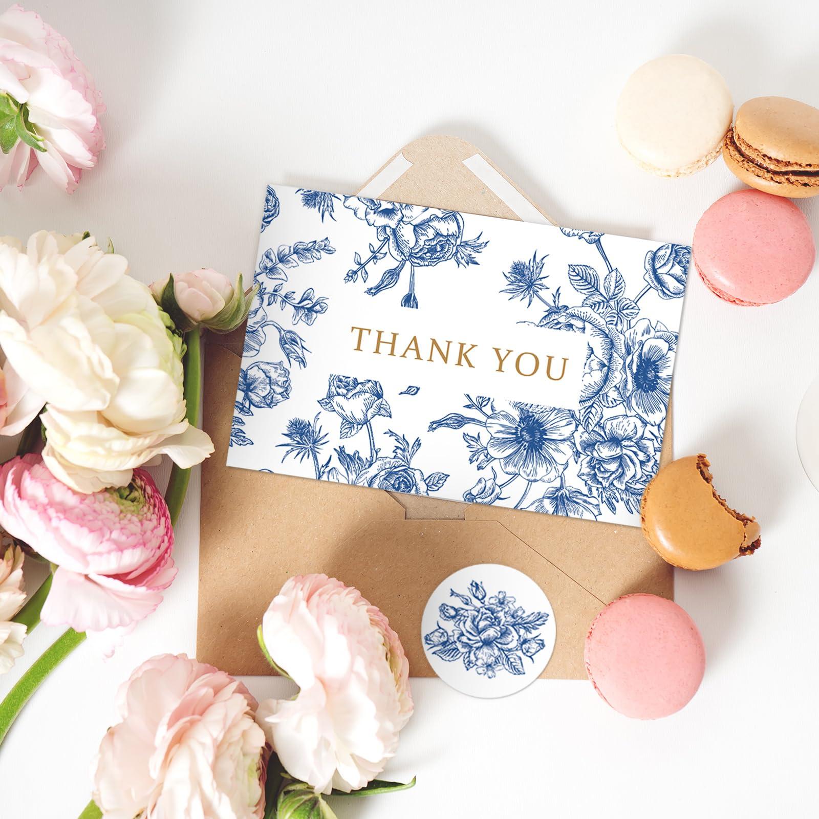 AnyDesign AnyDesign 36 Pack Blue Floral Thank You Cards Blue and White Flower Butterfly Note Cards with Kraft Envelopes Stickers Elegant Greeting Blank Cards for Baby Shower Wedding Birthday, 4 x 6 Inch