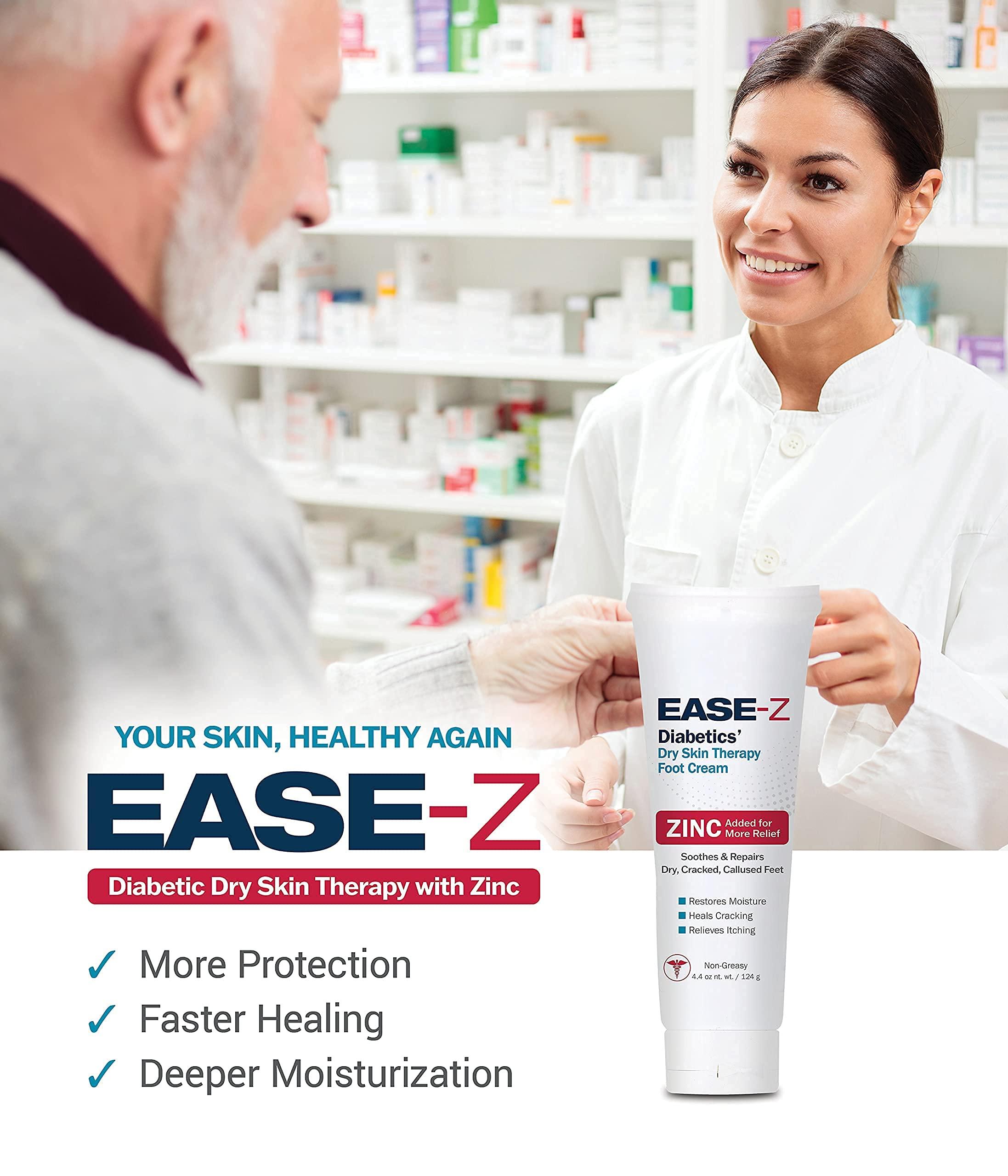Ease-Z EASE-Z Diabetic Foot Cream. Clinically Proven Ingredients and ZINC Relieve Dry, Cracked, Callused Feet and Hands. Soothes Pain and Burning. Shea Butter moisturizes. Fast-Acting, Long-Lasting. 4.4 oz.