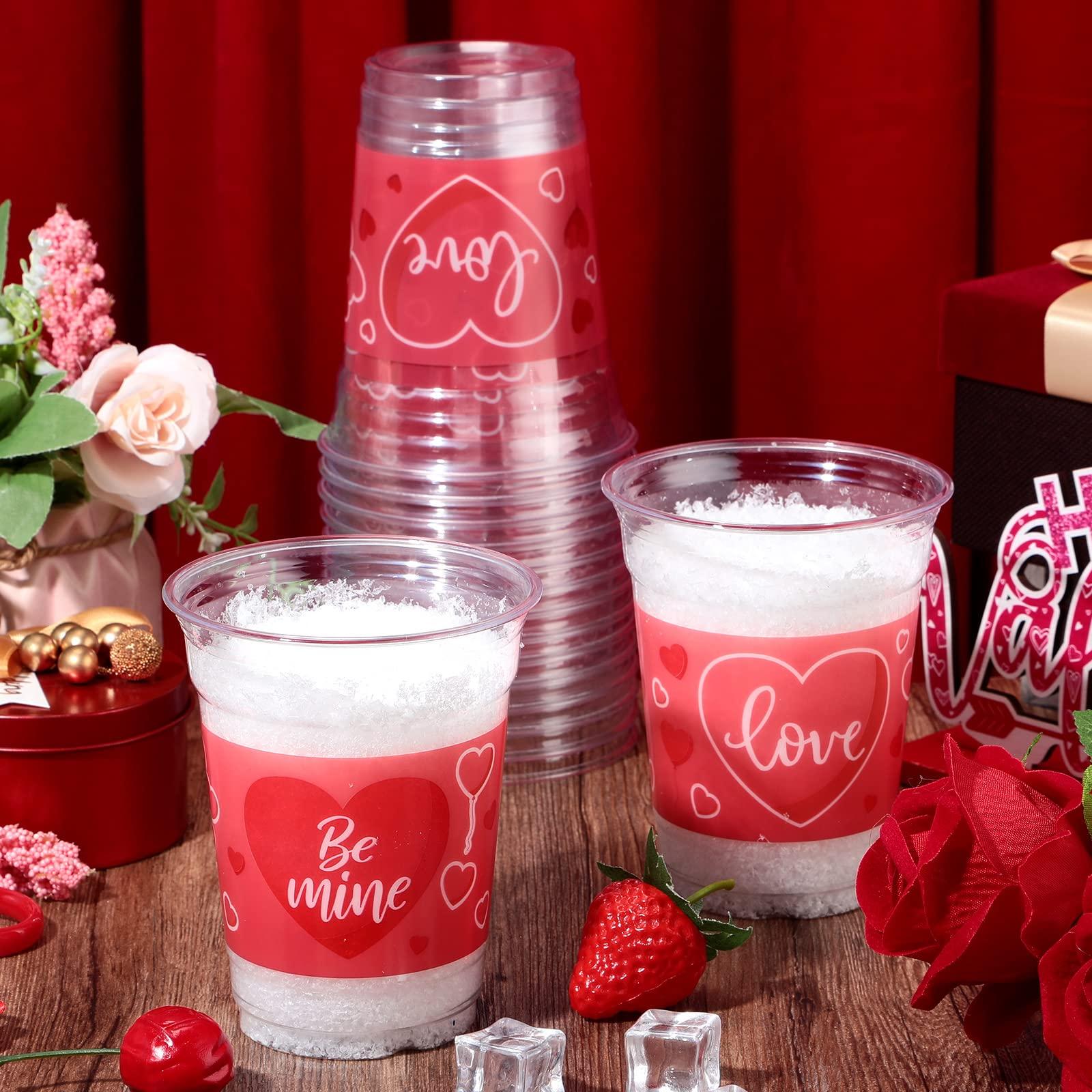 Meanplan Meanplan 100 Pcs 12 oz Valentine Plastic Cups Disposable Valentine Clear Coffee Cups Pink Heart Shot Glasses Party Supplies for Liquor Iced Coffee Juice(Be Mine Style)