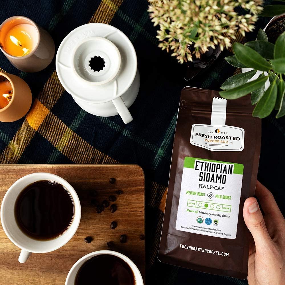 Fresh Roasted Coffee Fresh Roasted Coffee, Fair Trade Organic Ethiopian Sidamo Water Processed Half-Caf, 2 lb (32 oz), Kosher, Medium Roast, Ground