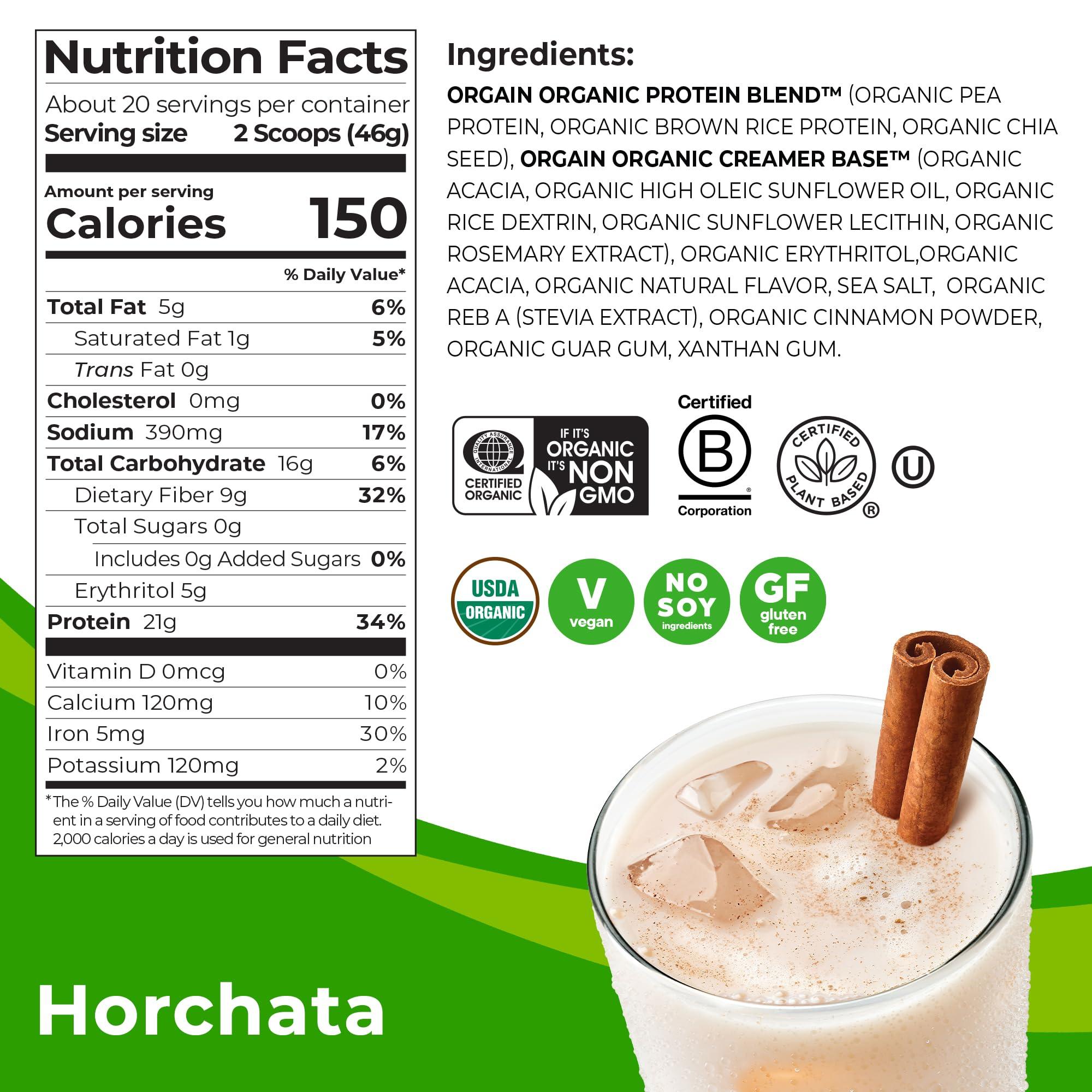 Orgain Orgain Organic Vegan Protein Powder, Horchata - 21g Plant Based Protein, 9g Prebiotic Fiber, Low Net Carb, No Lactose Ingredients, No Added Sugar, Non-GMO, For Shakes & Smoothies, 2.03 lb