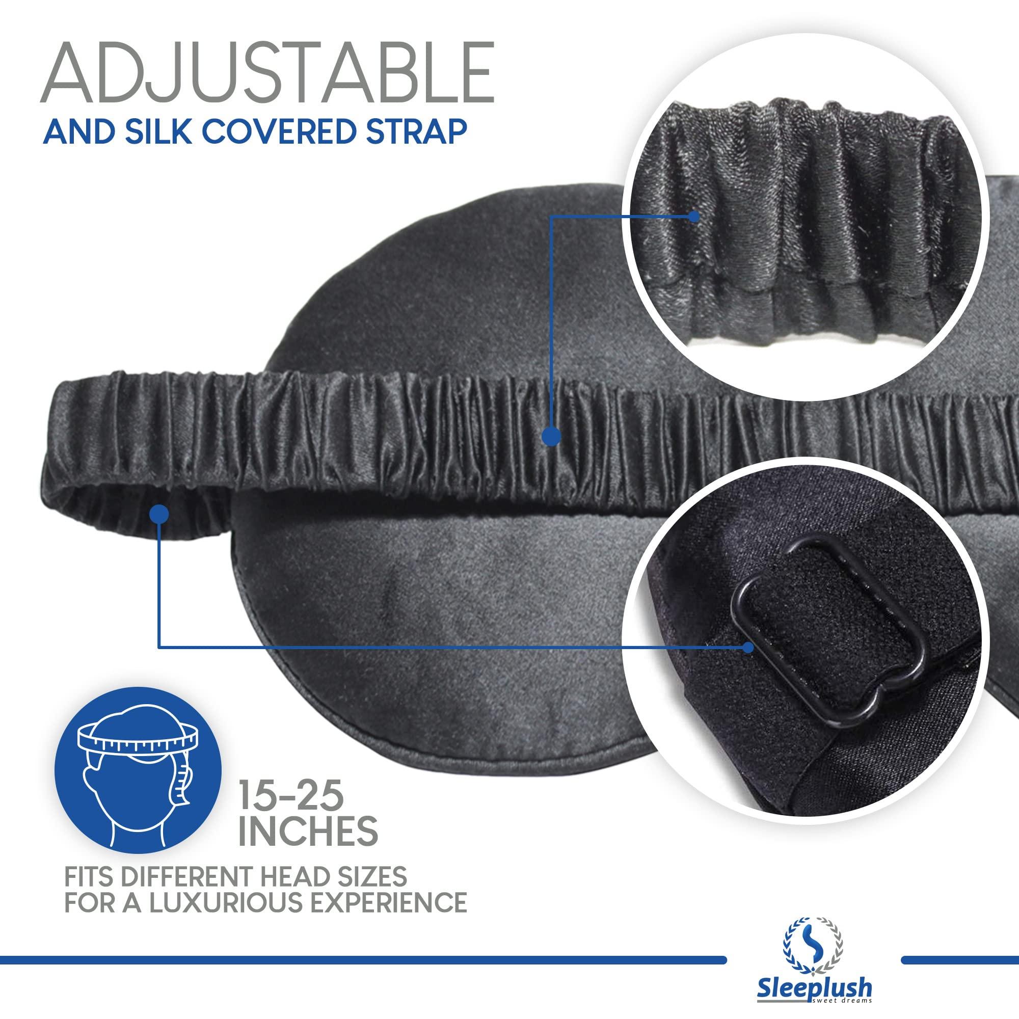 S SLEEPLUSH SWEET DREAMS Sleeplush Silk Sleep Mask – Sleep Mask with Silk Covered Straps – Sleep Masks for Women and Men - Eye Mask for Sleeping Comes with Ear Plugs and Pocket Bag - Weighted Sleep Mask - Black Pack of 2